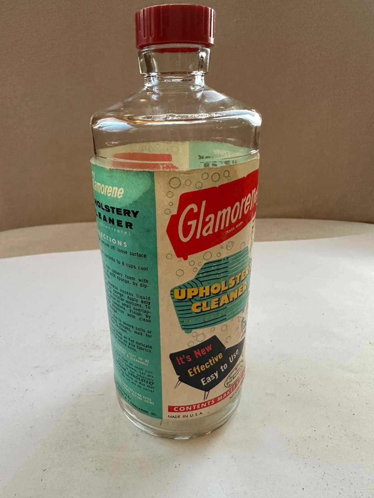 Vintage Glamorene Upholstery Cleaner One Pint Bottle With Lid. No contents.