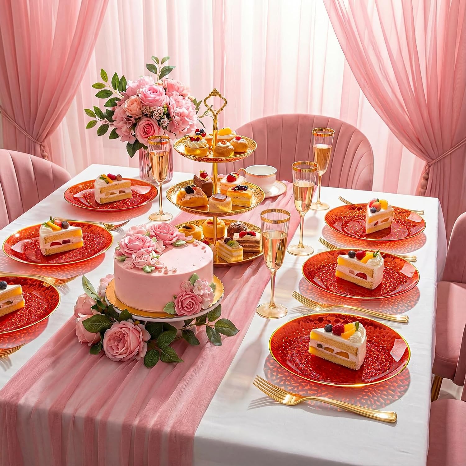 DaYammi 240Pcs Red Plastic Plates Including 120Pcs Red Dessert Plates and 120P