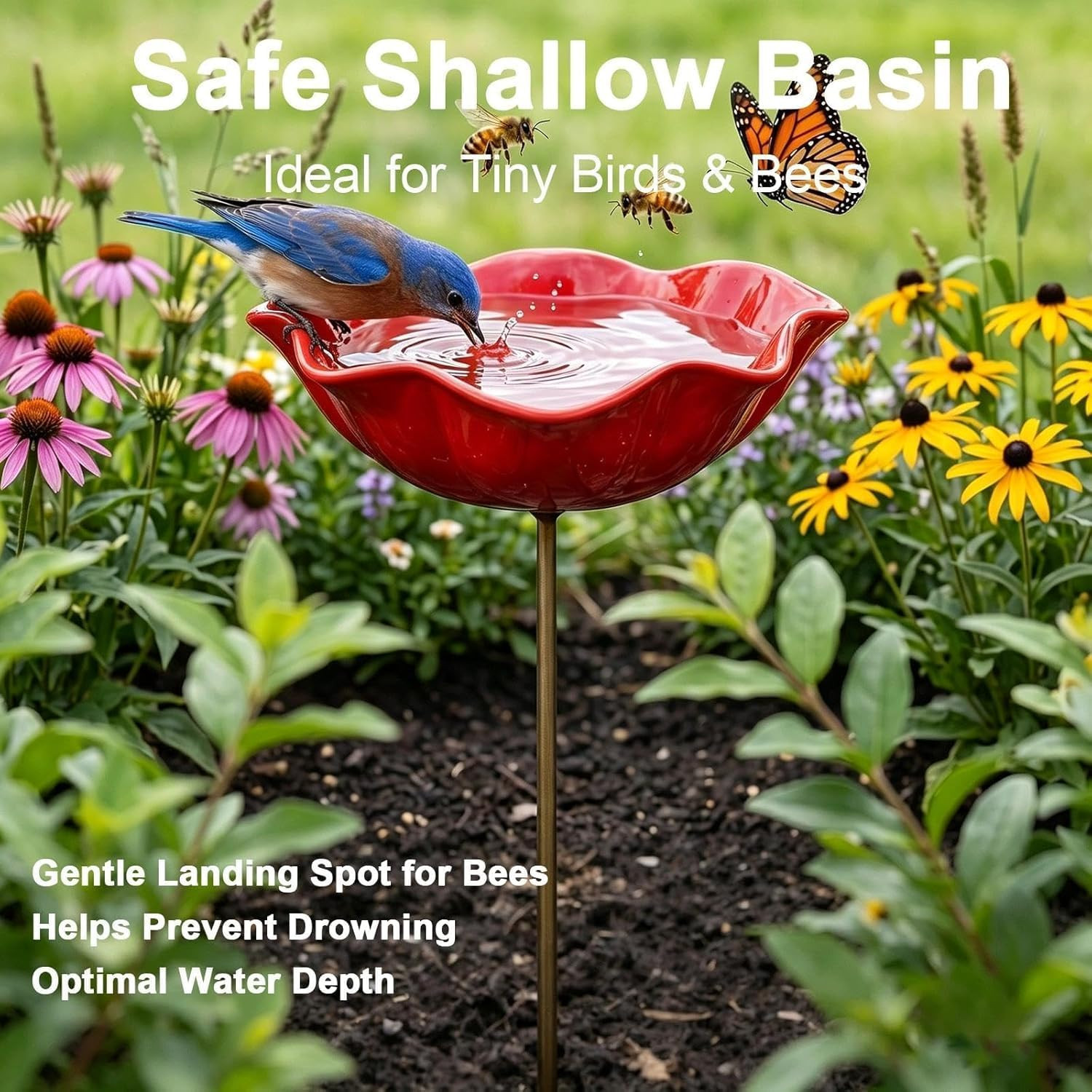 Small Bird Bath for Outsides, Handmade Metal Flower Garden Stake Birdbaths & Fee