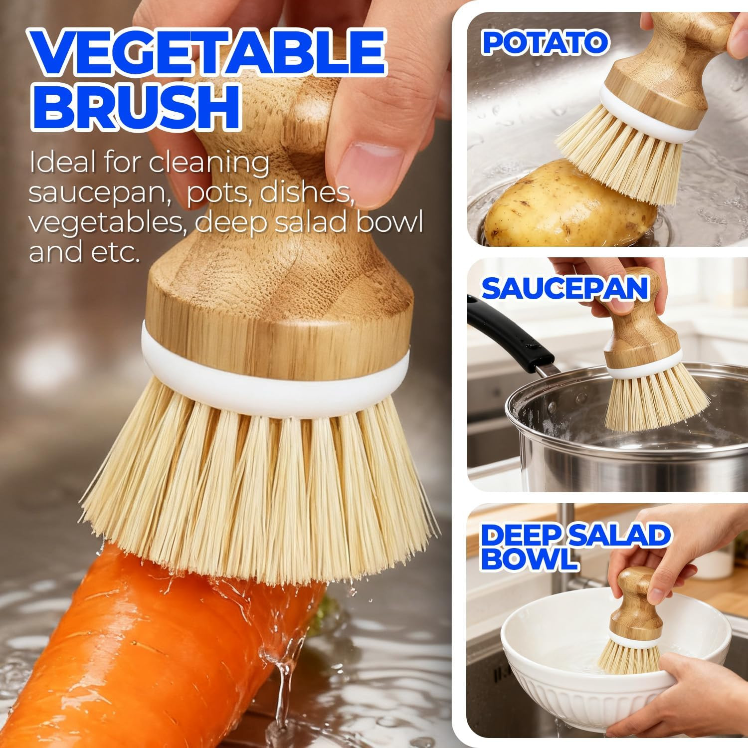 Holikme 6 Pack Dish Brush Scouring Pad Set with Bottle Brush, Dish Brush, Palm S