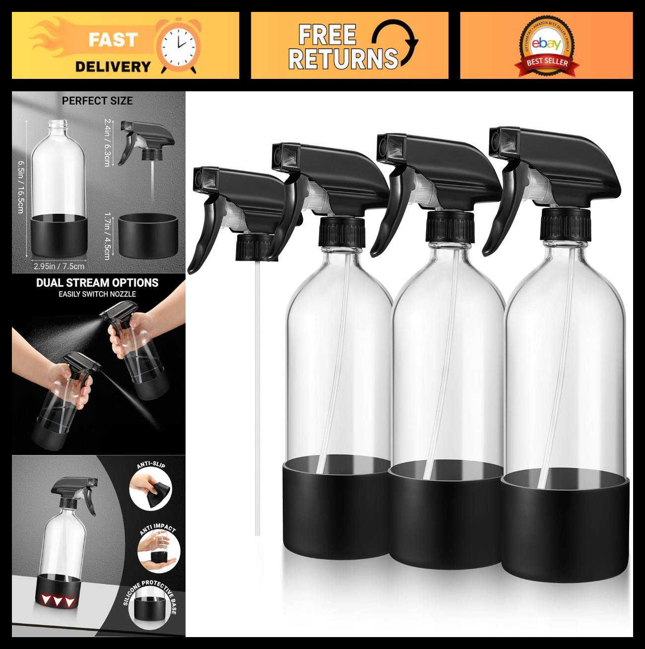 3 Pack 16oz Empty Glass Spray Bottles with Silicone Sleeve – Refillable Boston R