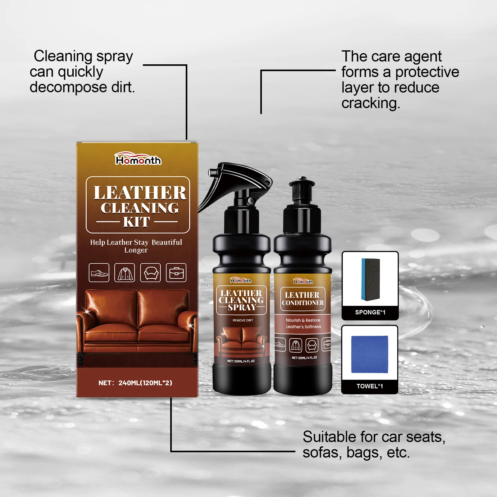 Leather Cleaner Conditioner Kit Care Set Deep Spray Nourishing Cream Restores So