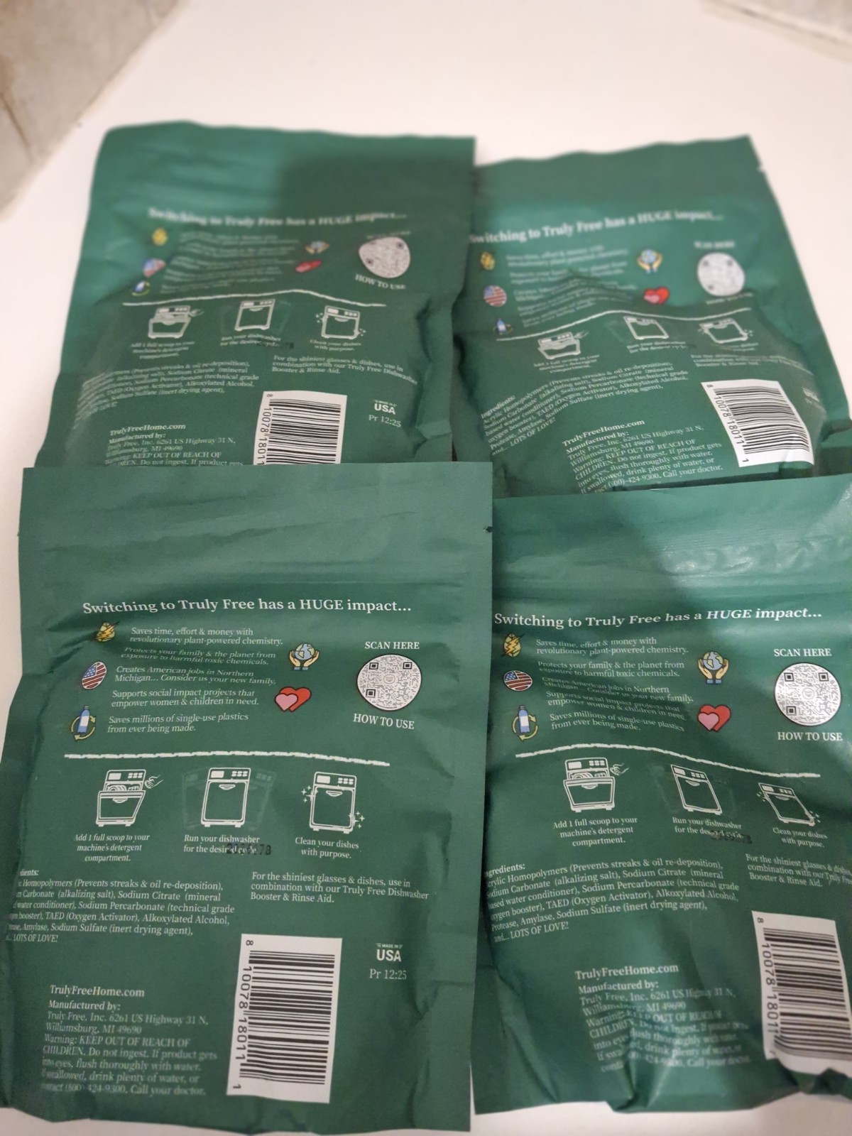Truly Free Non-Toxic Dishwasher Soap 25 Loads/ea. Lot Of 4 packs 100 loads total