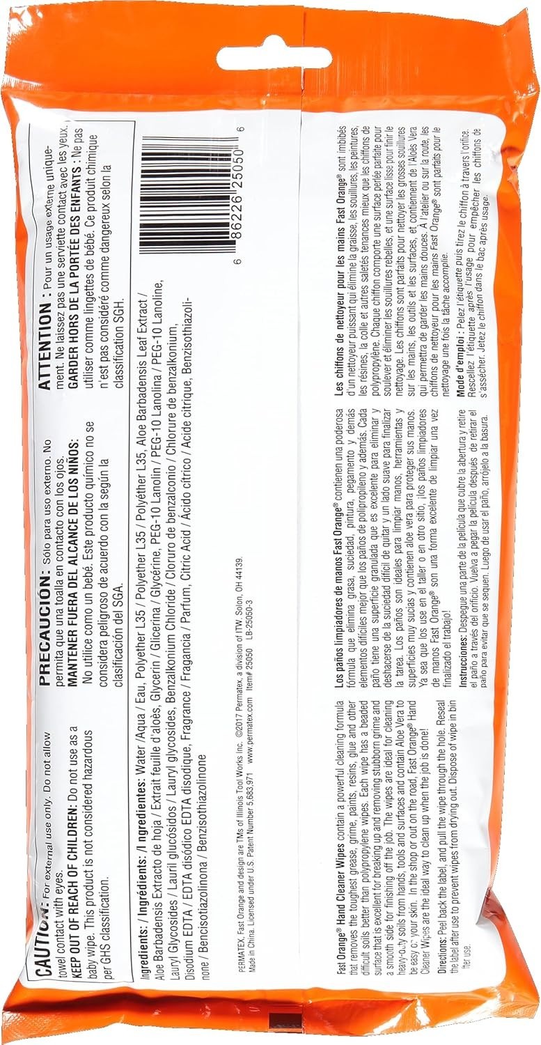 25 Count Permatex Mechanic Wipes – Non-Toxic Orange Scented Heavy-Duty Cleaning