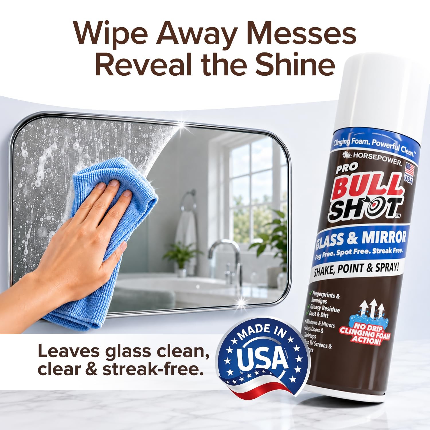 Bull Shot Glass & Mirror Cleaner, As Seen On TV, No-Drip Foaming Glass Cleane…