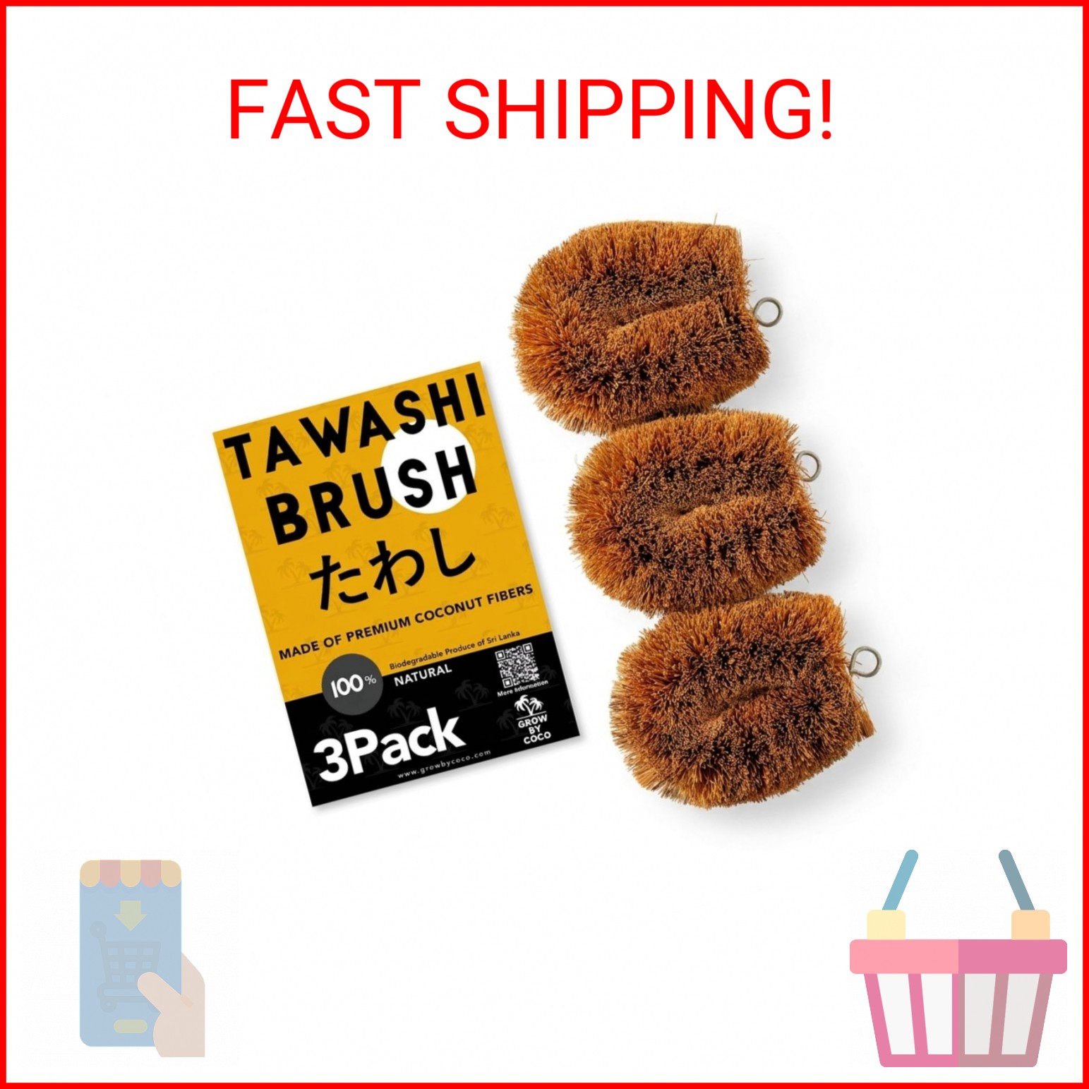 GrowByCoco Pack of 3 Tawashi Vegetable Scrub Brush,100% Natural Coconut Coir Fib