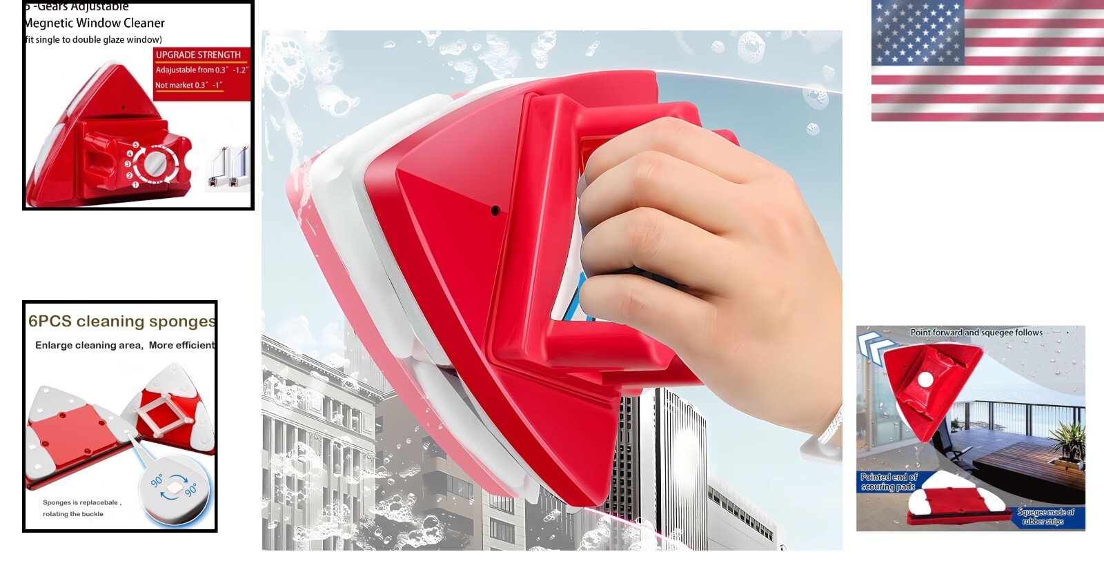 Compact Modern Magnetic Window Cleaner with Replaceable Sponge – Red Wiper Tool