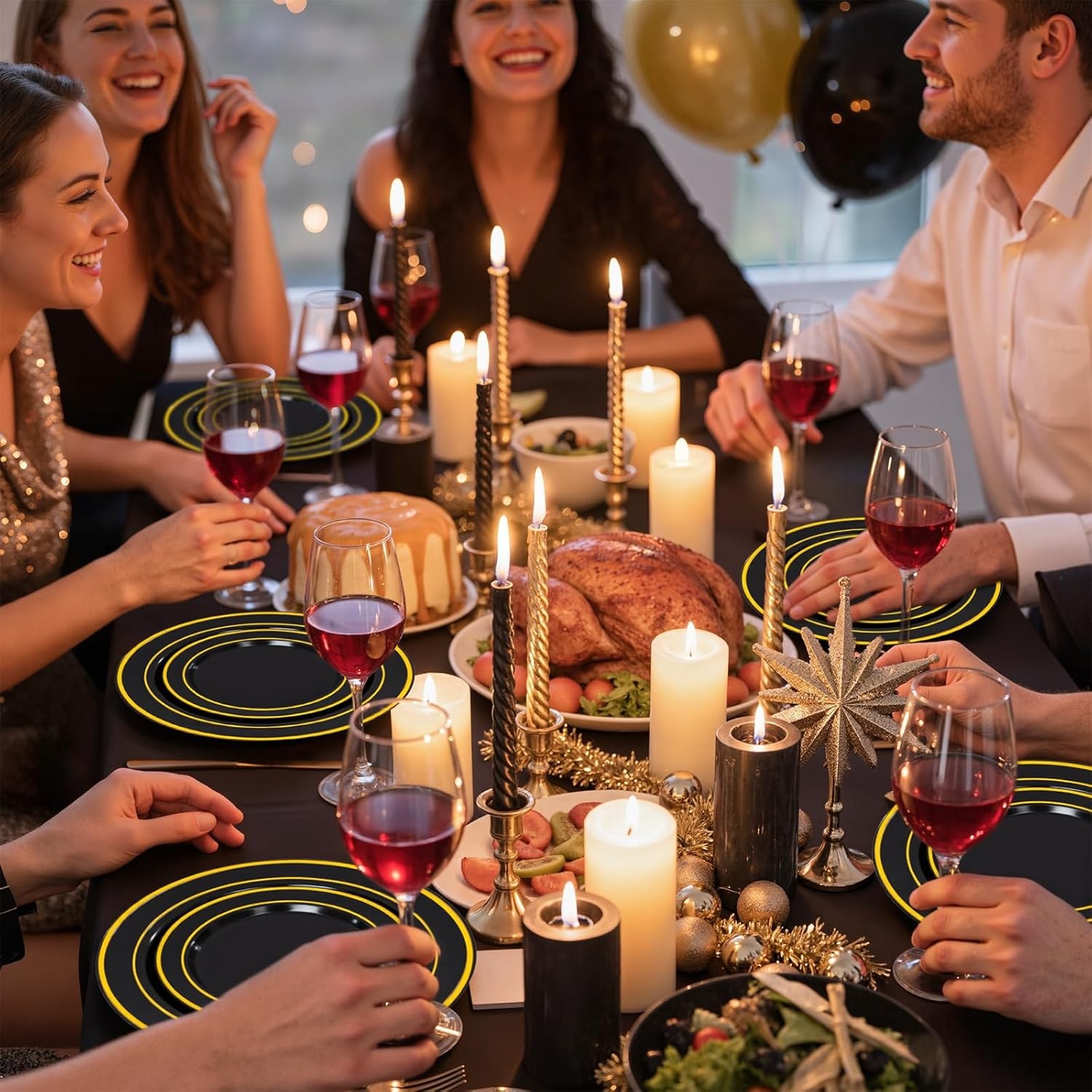 350 Pieces Black and Gold Plastic Plates with Disposable Silverware, Include 5
