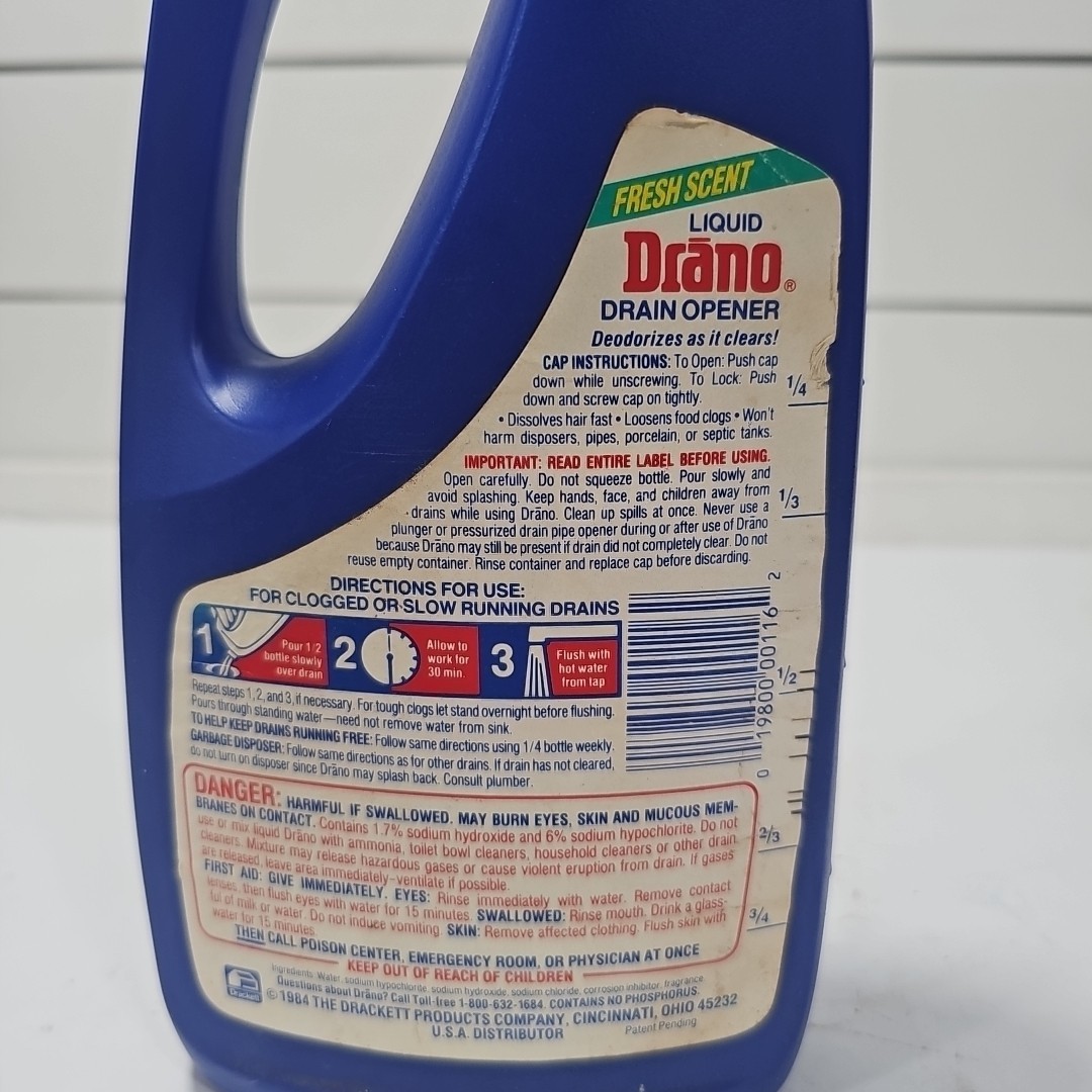 Vintage 1984 Liquid Drano Clog Remover Plastic Bottle 32 Fl. Oz 3/4 Full Retro