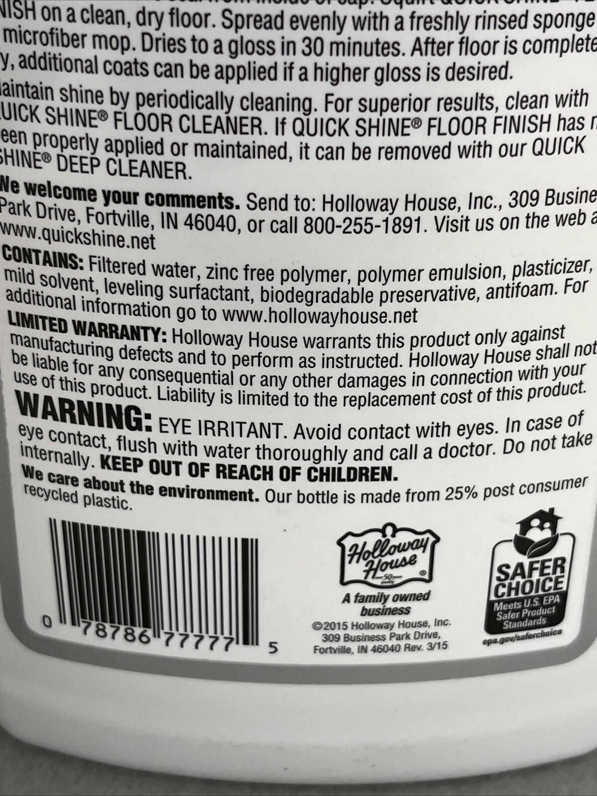 Vintage Holloway House Quick Shine Multi Surface Floor Finish, 27oz, 90% Full