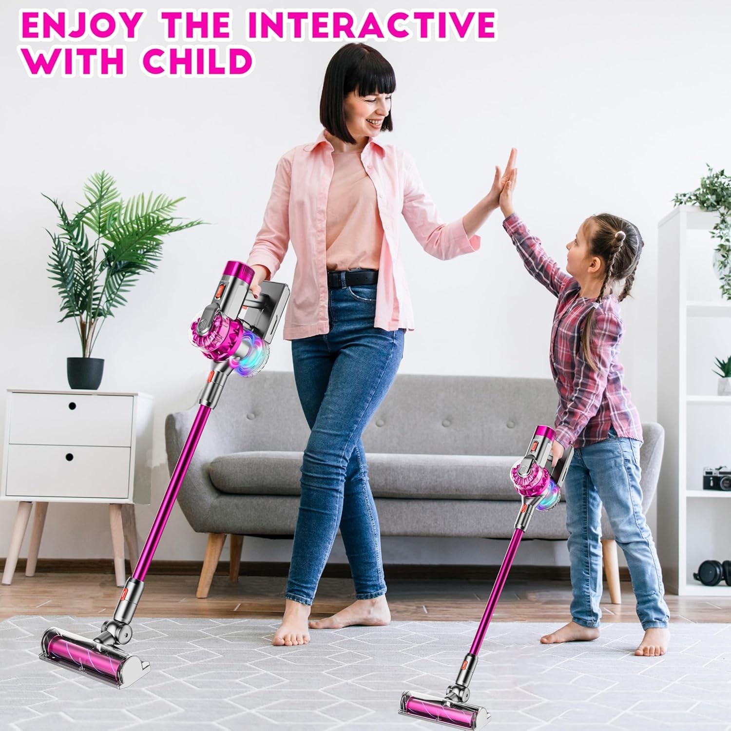 Kids Toy Vacuum Cleaner Set with Real Suction and Light, 4-in-1 Pretend Play