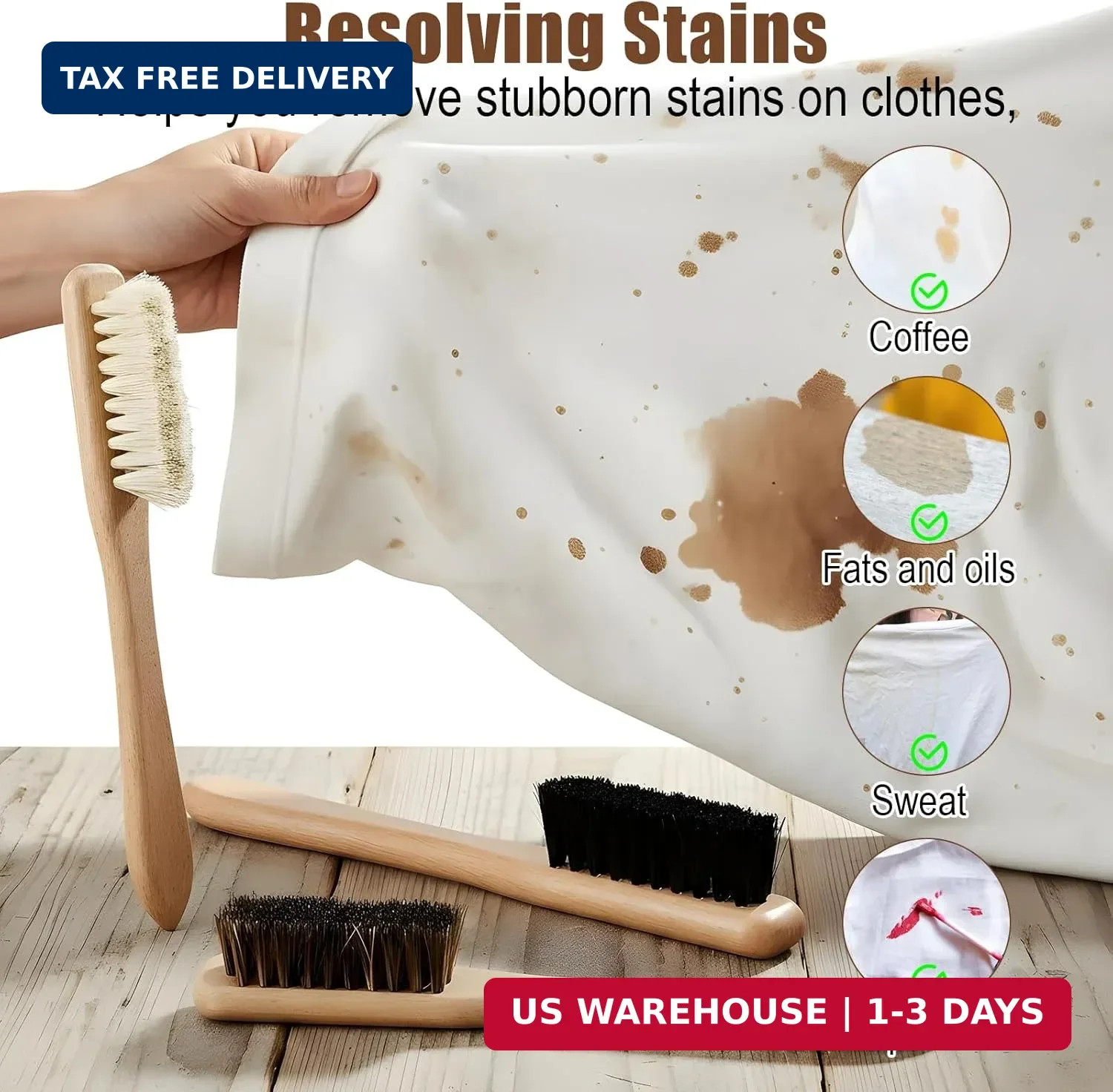 3 Pcs Laundry Stain Brush, Wood Laundry Stain Brush with Boar Bristle for Scrubb