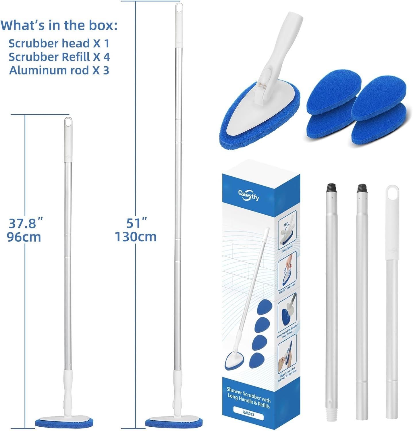 Non-Scratch Bathroom Scrubbing Brush with 5 Refillable Pads – 51-Inch Long