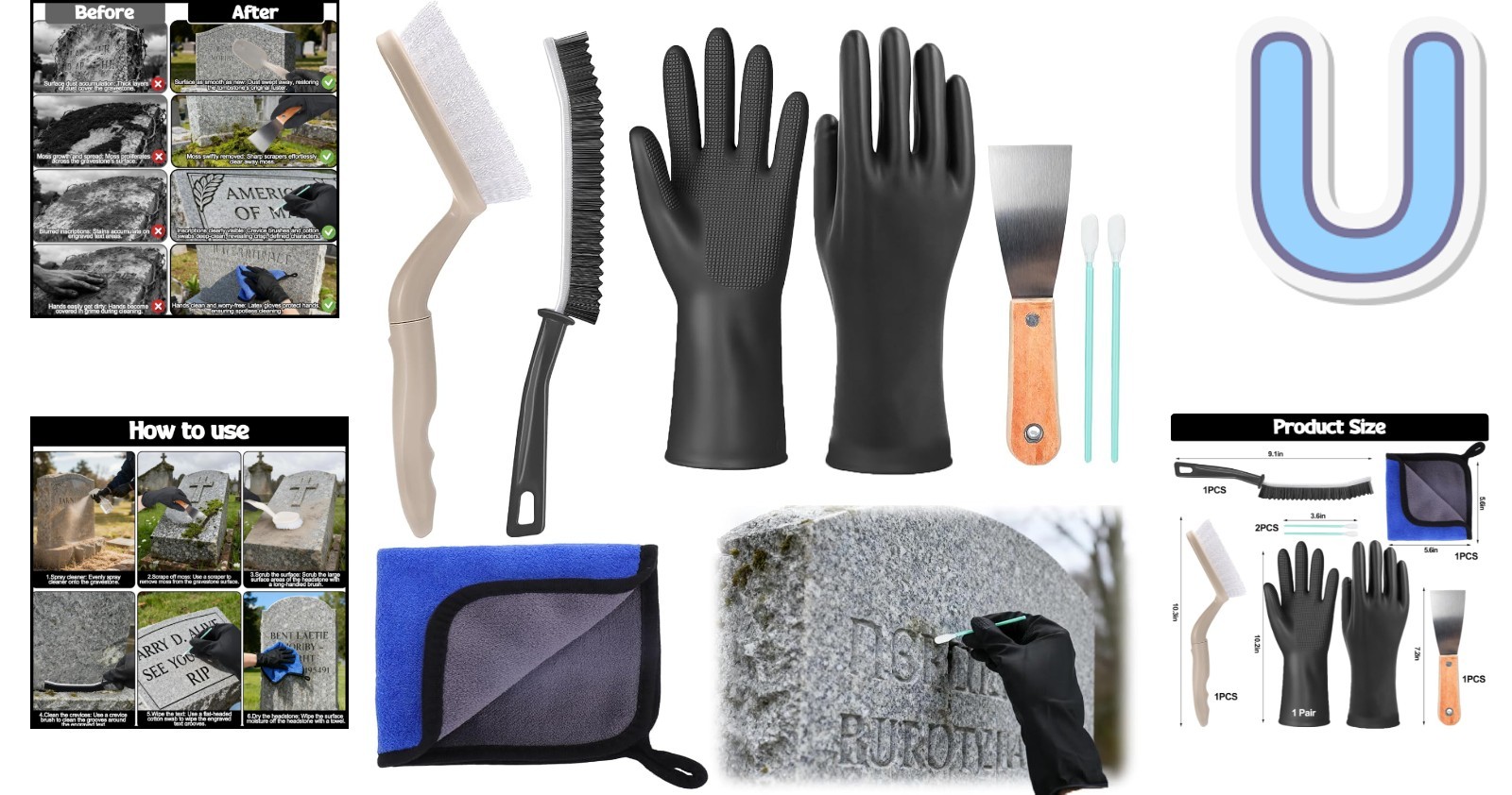 Complete Headstone Cleaning Tools: Reusable Gloves, Brushes & Towel for Care
