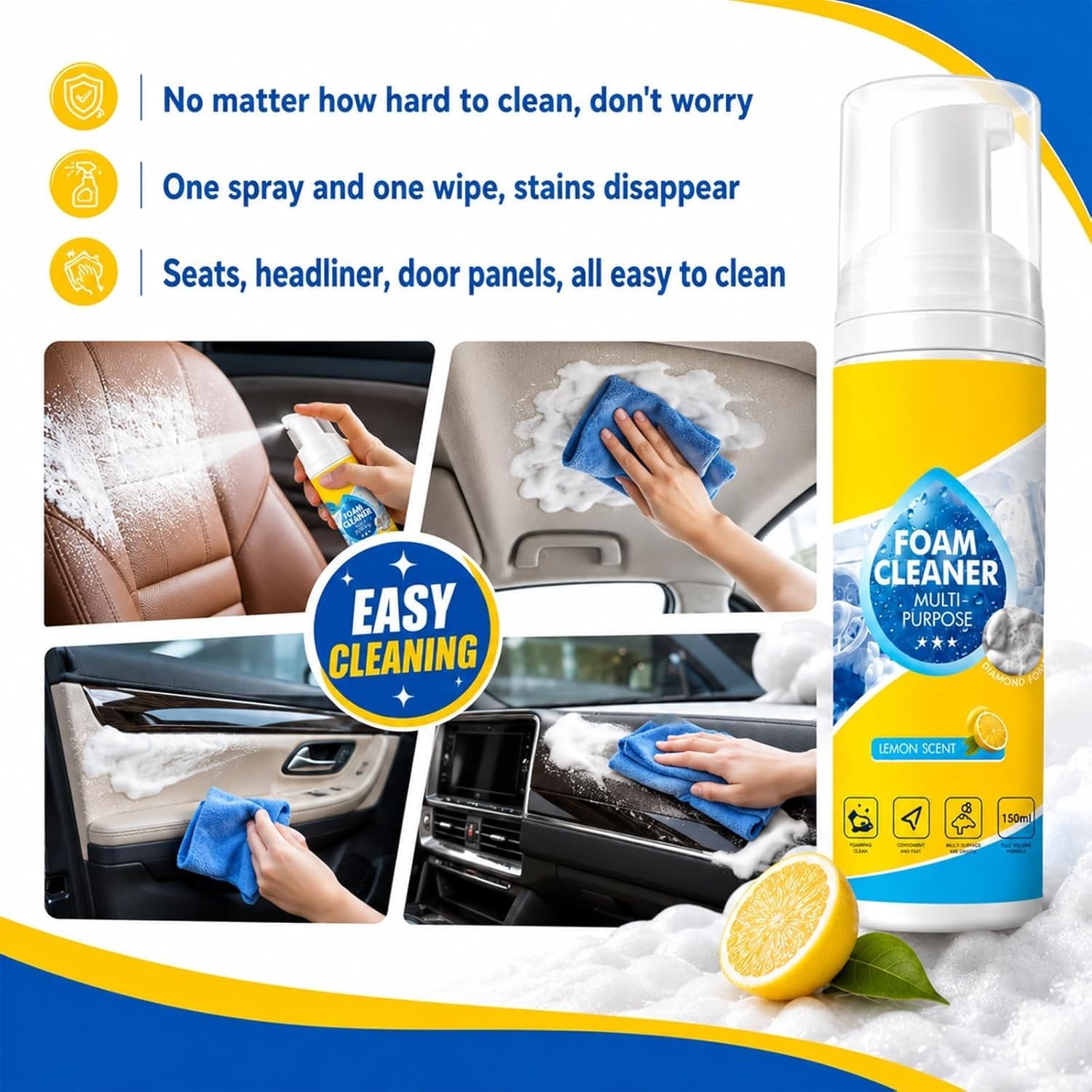 4-in-1 Multi-Purpose Foam Cleaner, All-Purpose Deep Cleaning Spraywith Sponge…
