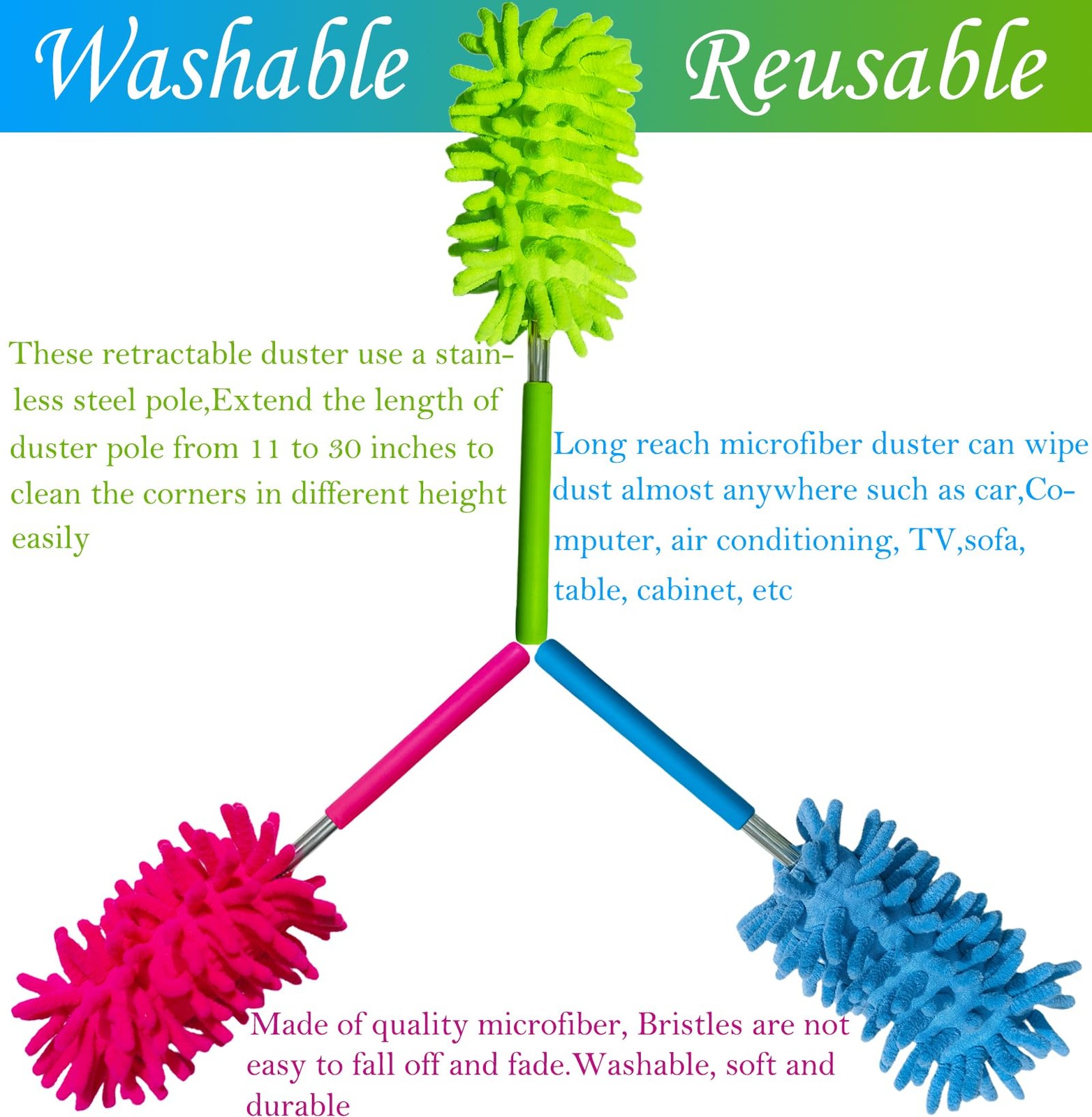 3 Pack Retractable Long-Reach Washable Duster for Cleaning, Microfiber Hand D…