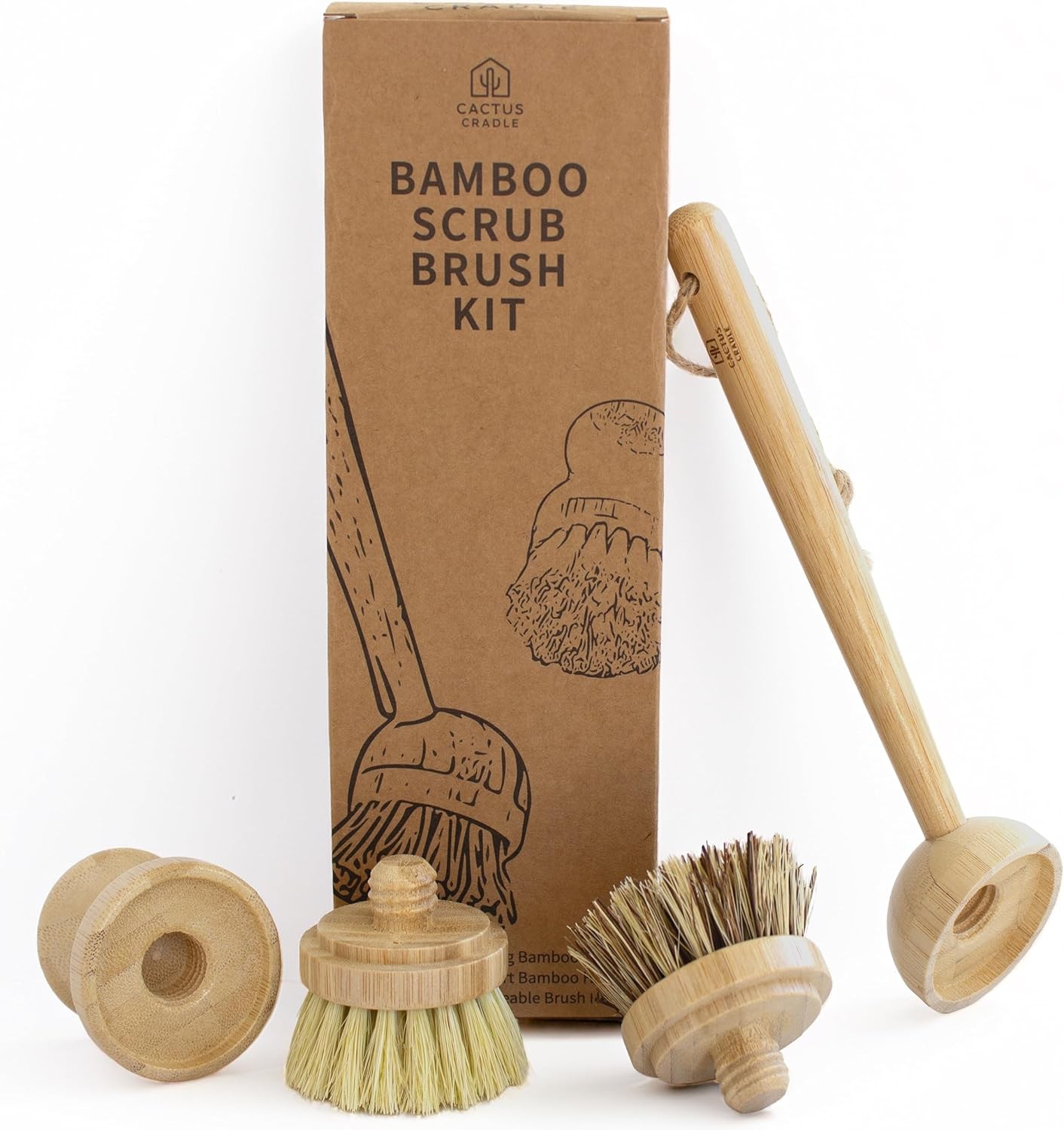 Cactus Cradle Bamboo Scrub Brush Kit – 4-Piece Dish Brush Set with 2 Handles &