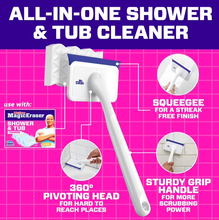 Mr. Clean Shower & Tub Scrubber, Starter Kit, 1 Scrubber & 2 Erasers