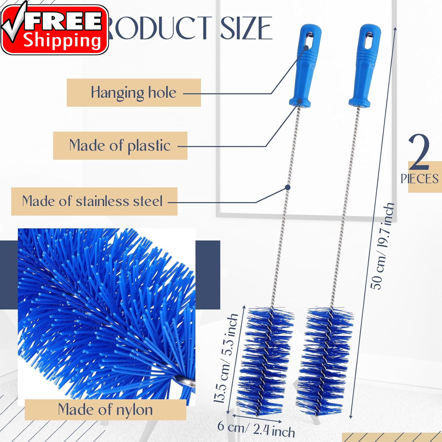 2 Pieces Drain Brush Pipe Cleaning Tube Brushes 19.7 Inch Plastic Shower Pipe Fl