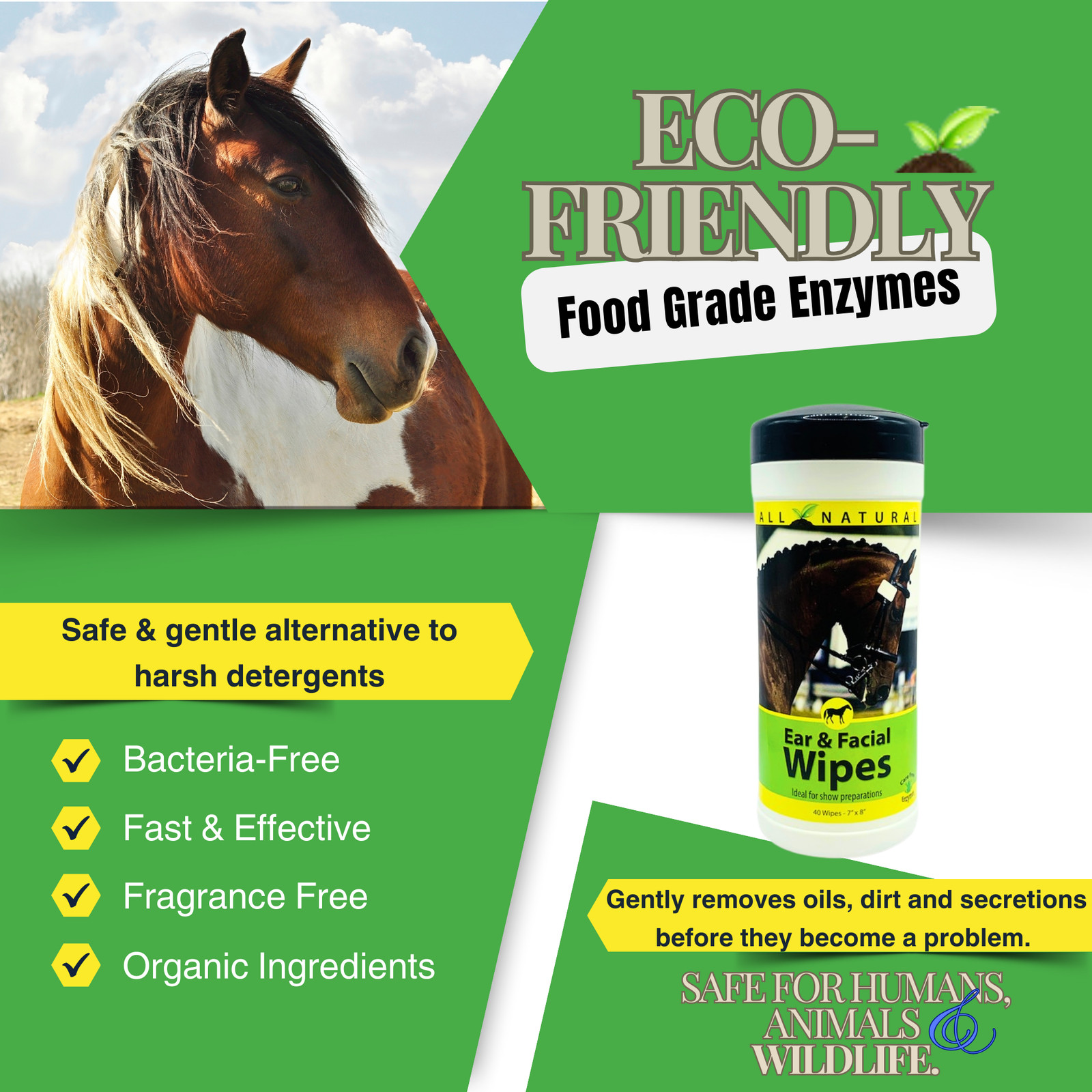 Gentle Equine Face & Ear Wipes | Cleans Sweat & Dirt | Horse Facial & Ear Wipes