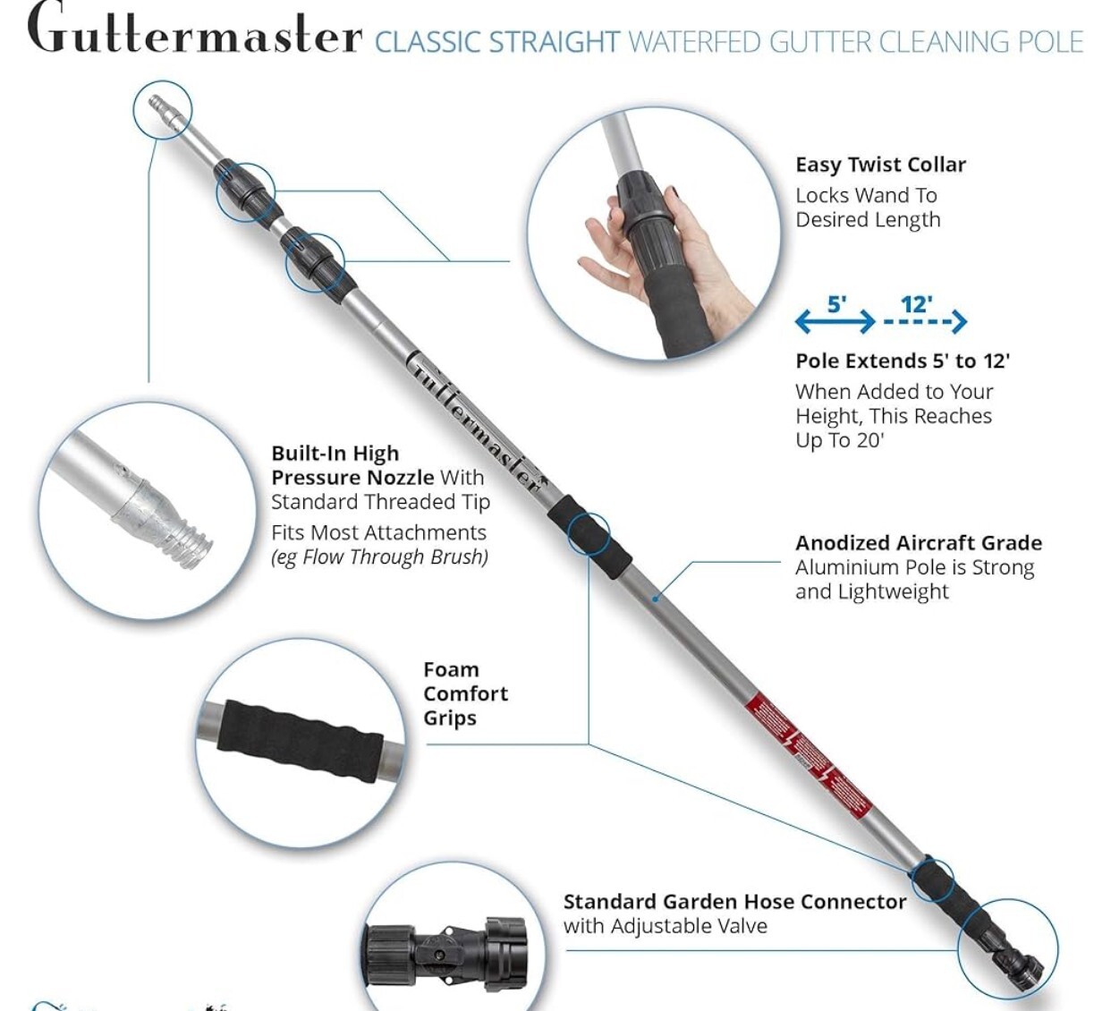 GutterMaster Classic Straight Water Fed Telescopic Pole extends to 12 Feet