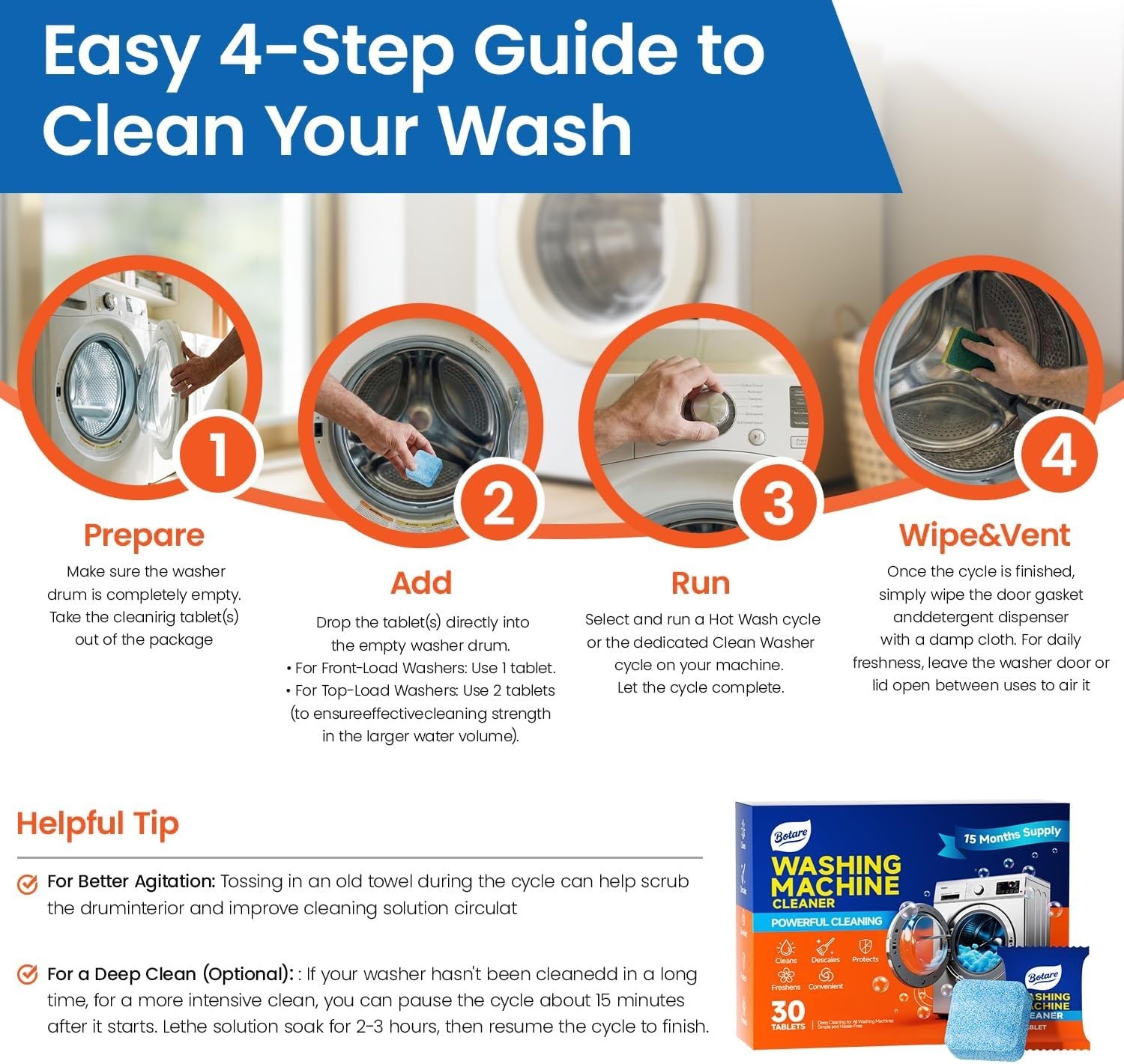 Washing Machine Cleaner tablets, 30 Count – 15 Supply, Deep Cleaning Deodori…