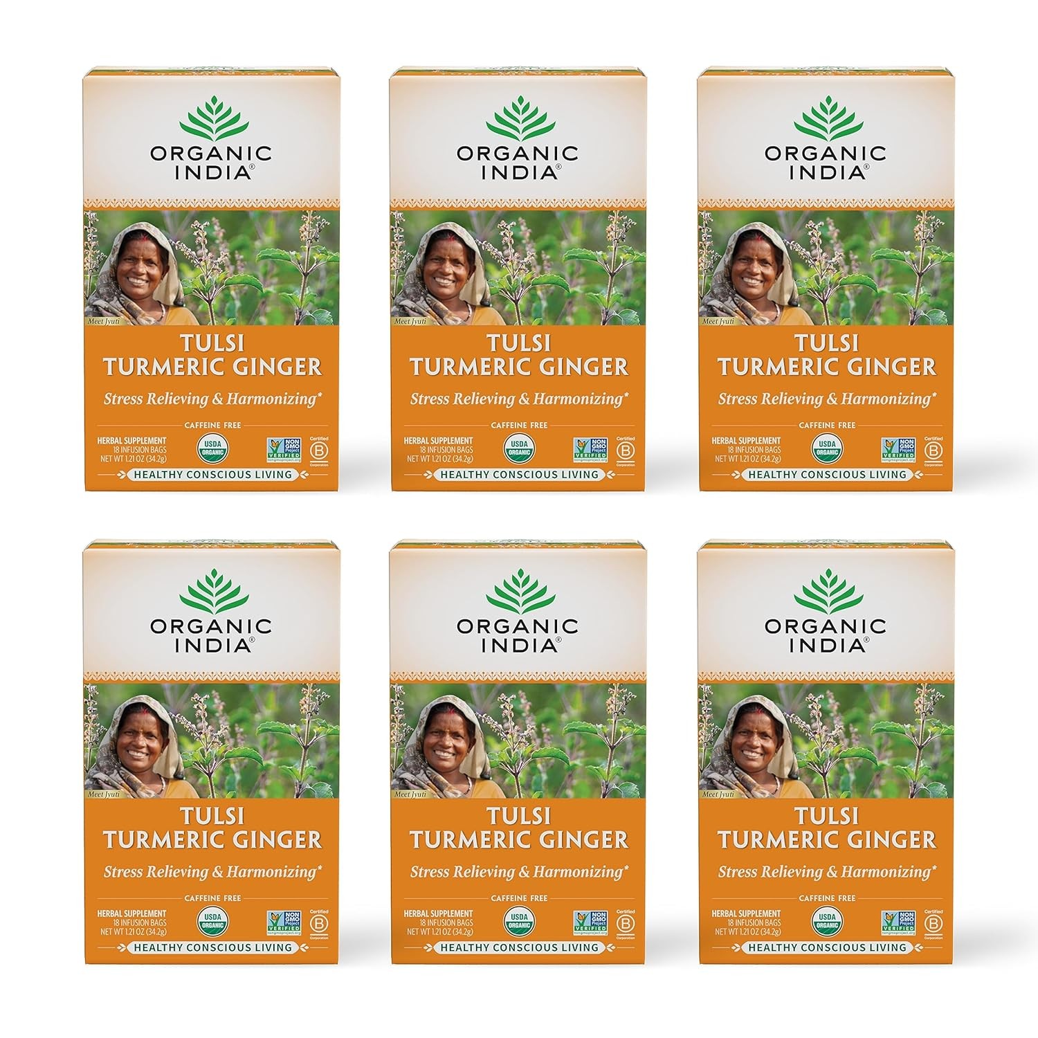 ORGANIC INDIA Tulsi Turmeric Ginger Herbal Tea – Stress Relieving & Harmonizin