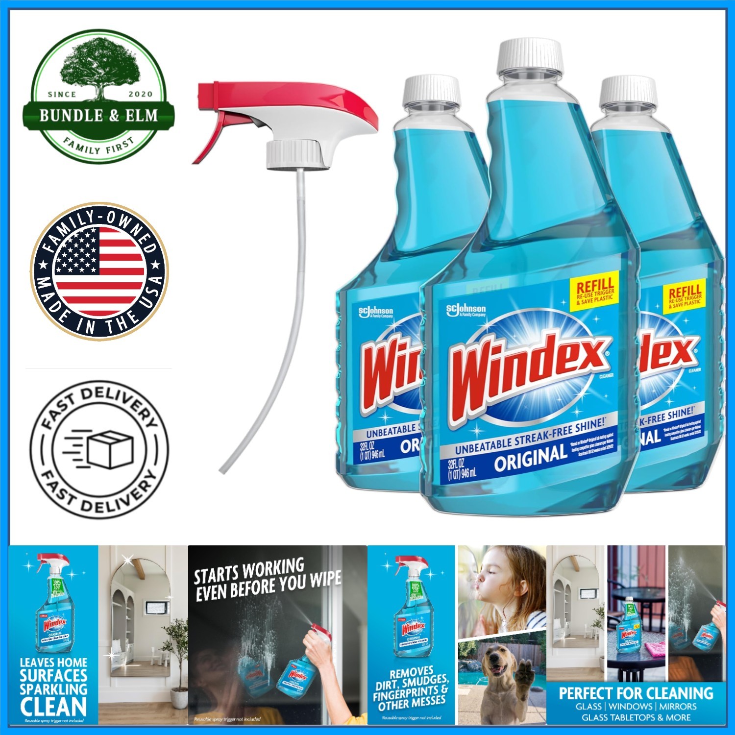 Three 32 Oz Bottles of Streak Free Glass Cleaner with Eco-Friendly Trigger