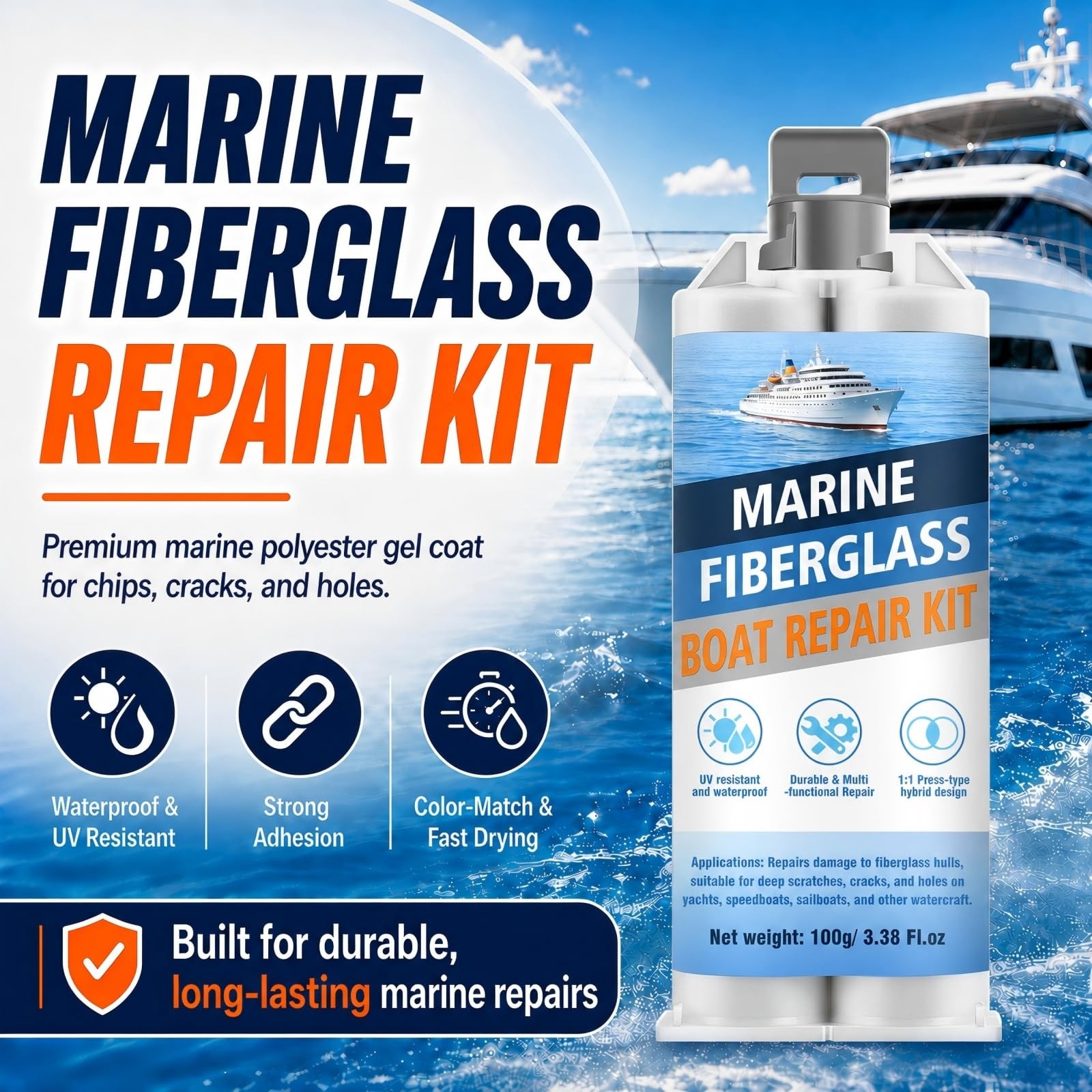 Marine Fiberglass Repair Kit for Boats, Gel Coat Repair Kit with Waterproof E…