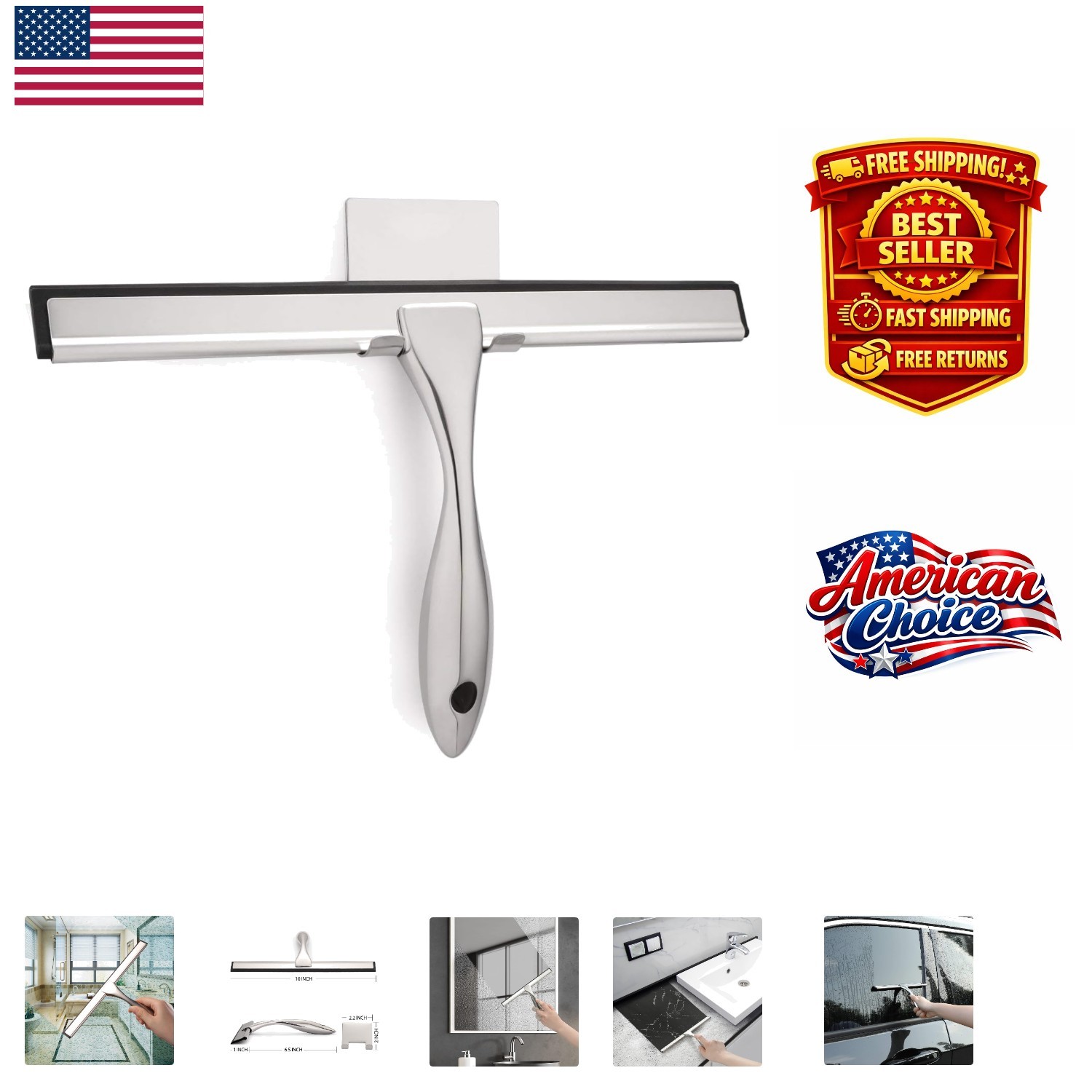 Sleek 10-Inch Squeegee for Bath & Home – Streak-Free Silicone Blade & Hook Set