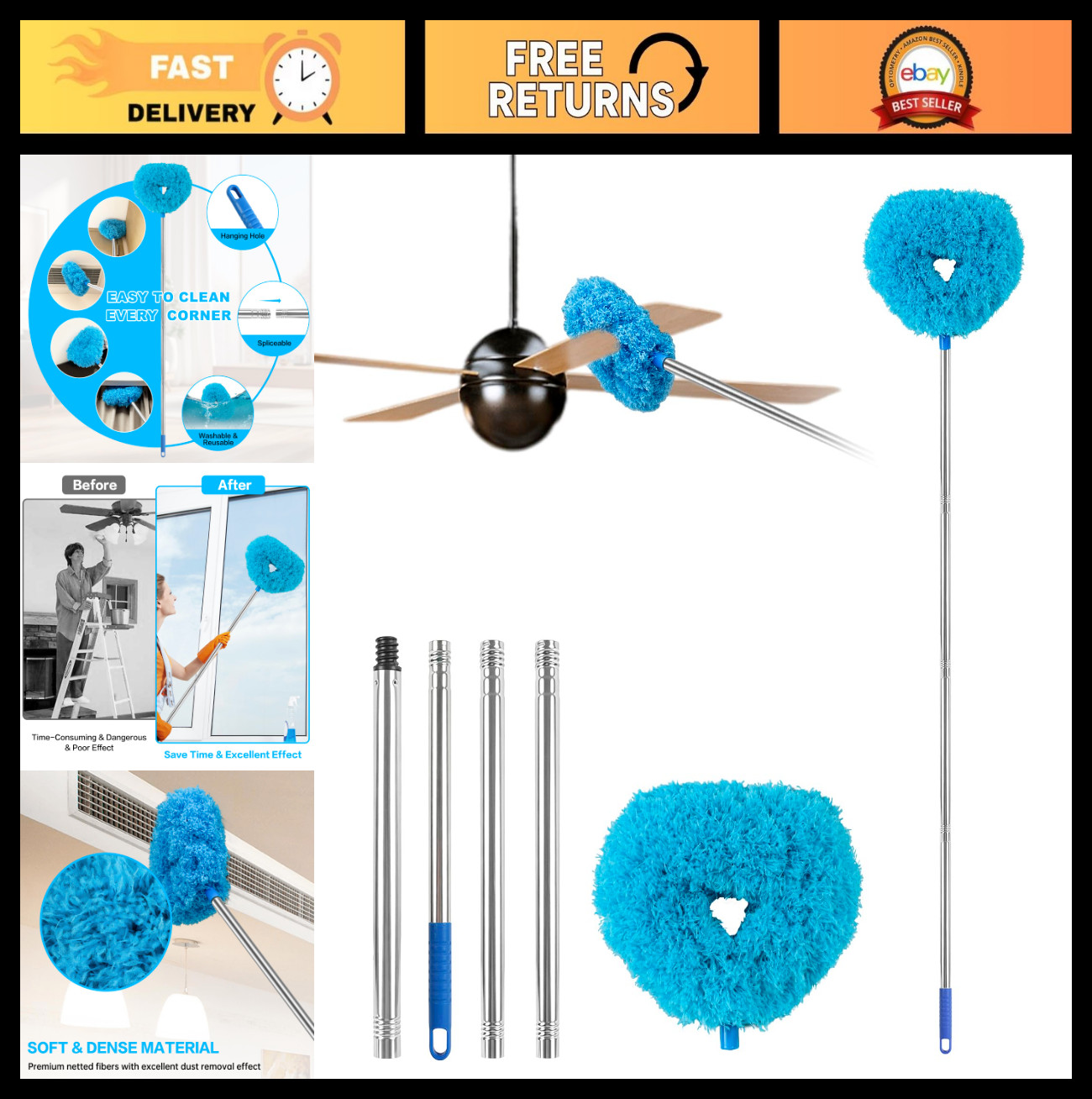 Ceiling Fan Blade Cleaner Duster with Extension Pole, Adjustable 13-49.7″ – Reus