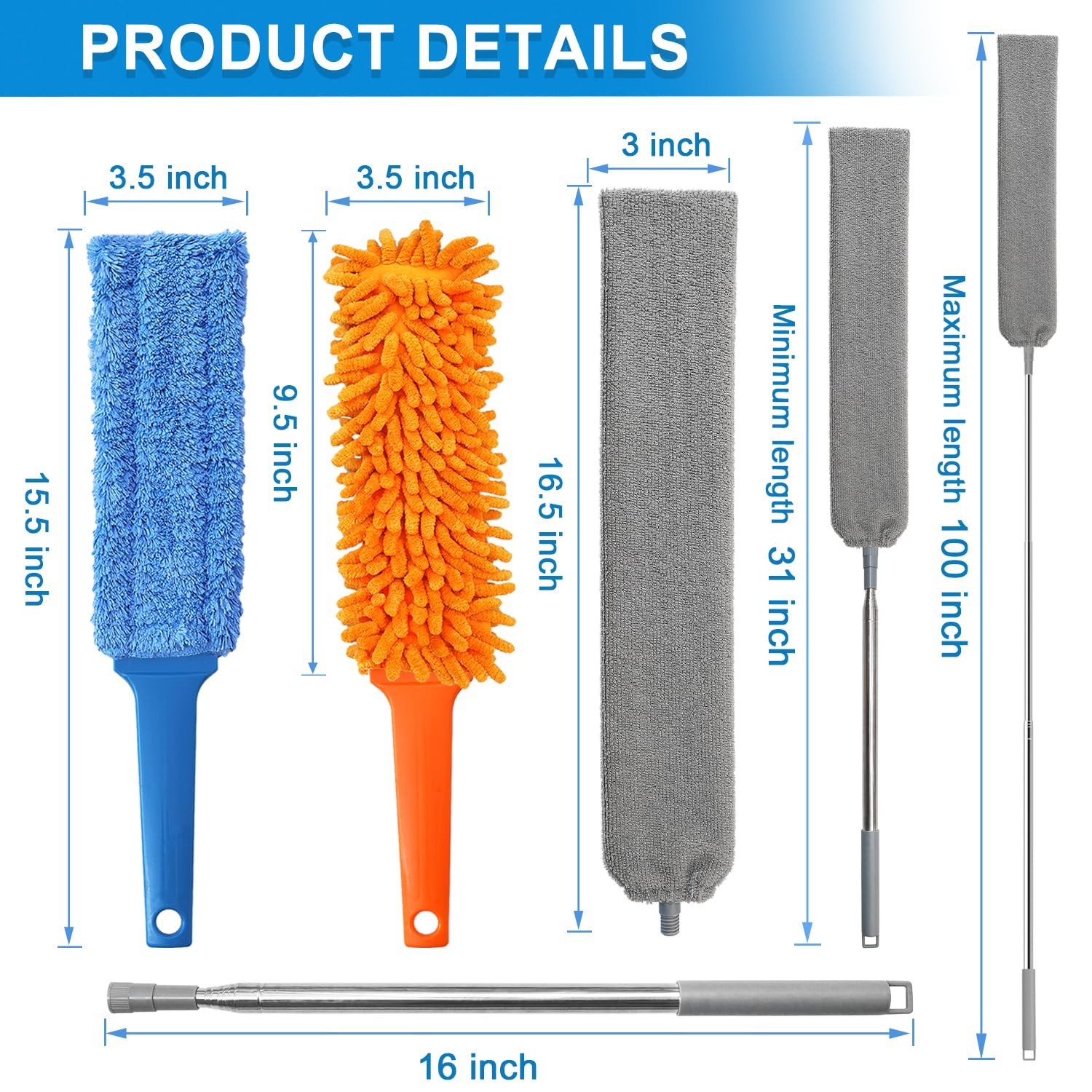 3 Pcs Professional Gap Cleaning Duster Sets, 1 Pcs 100 inch Retractable Gap D…