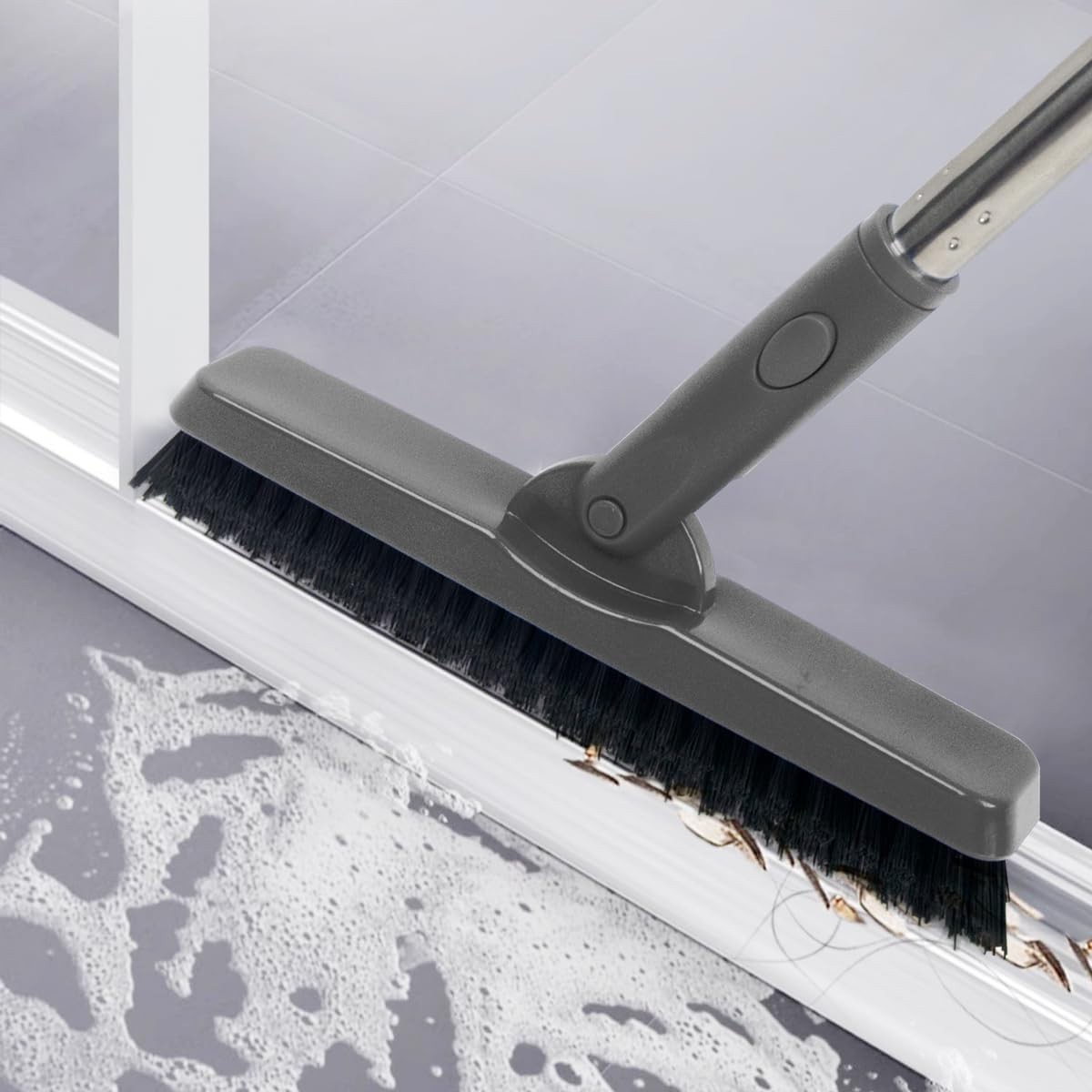 Grout Brush with Long Handle, 180°Rotation Tile Grout Cleaning Brush, Gray