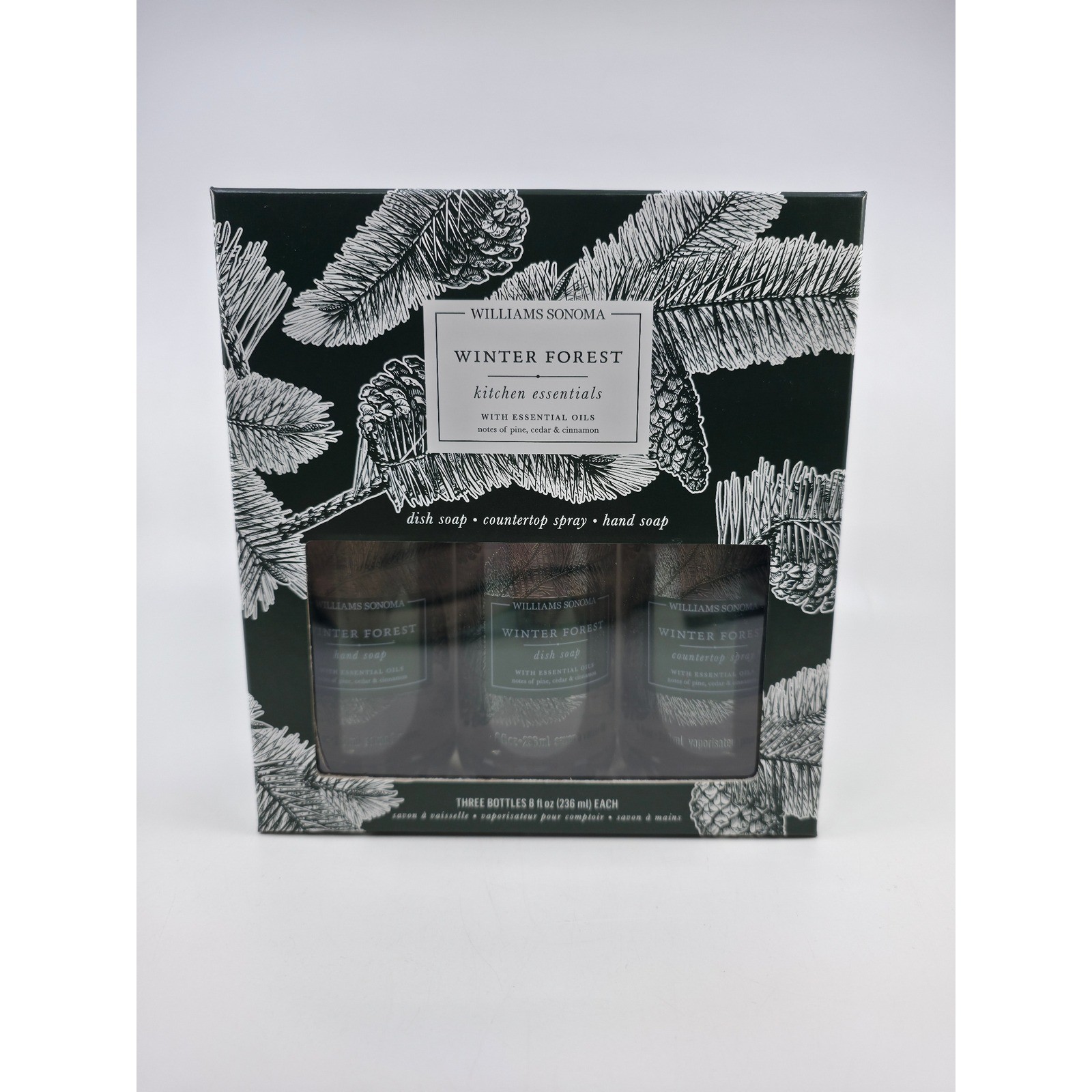 Williams Sonoma Winter Forest Kitchen Essentials 3 Piece Set Soap & Spray NEW