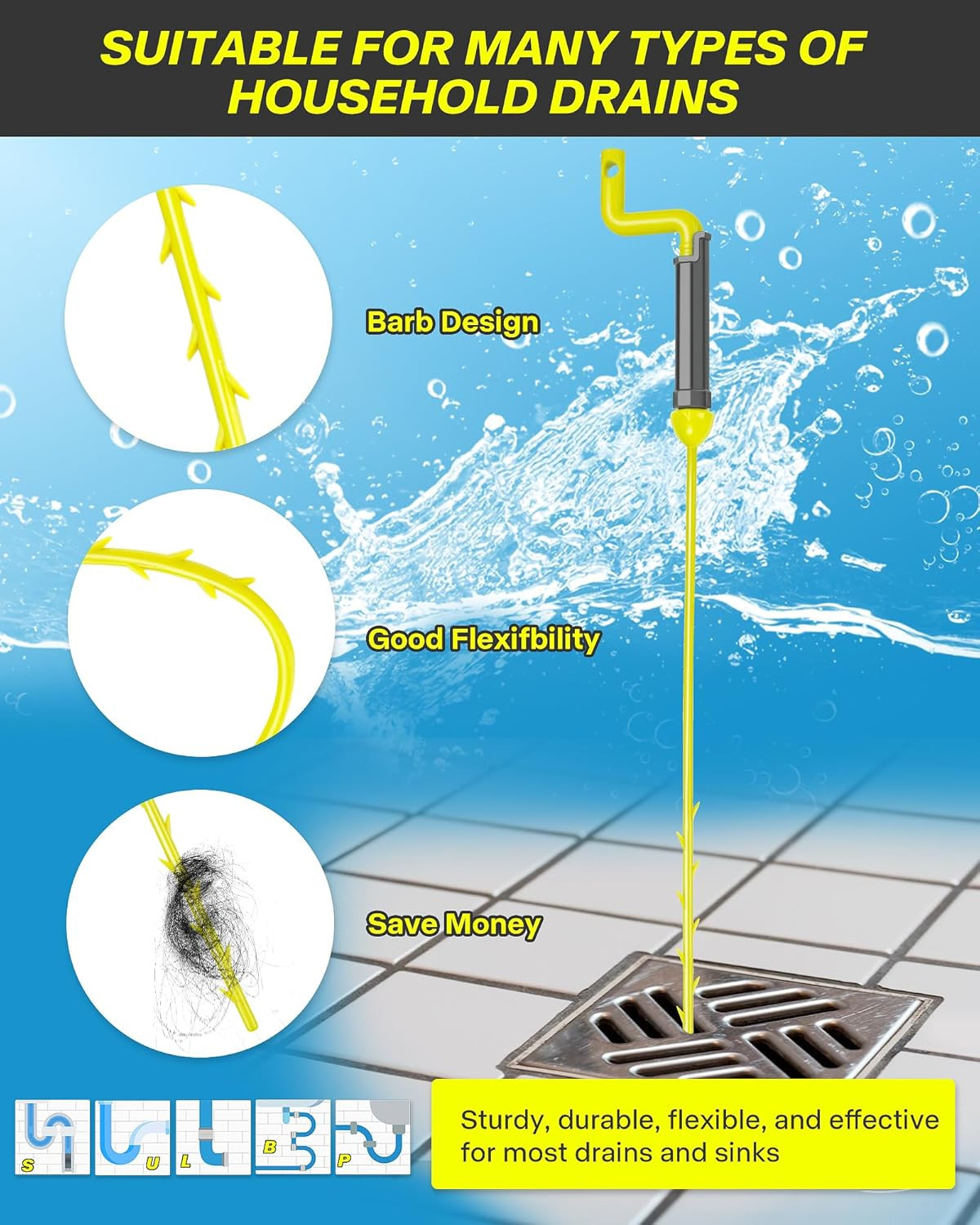 35Inch Drain Clog Remover, Drain Cleaner Hair Clog Remover with Rotating Handle