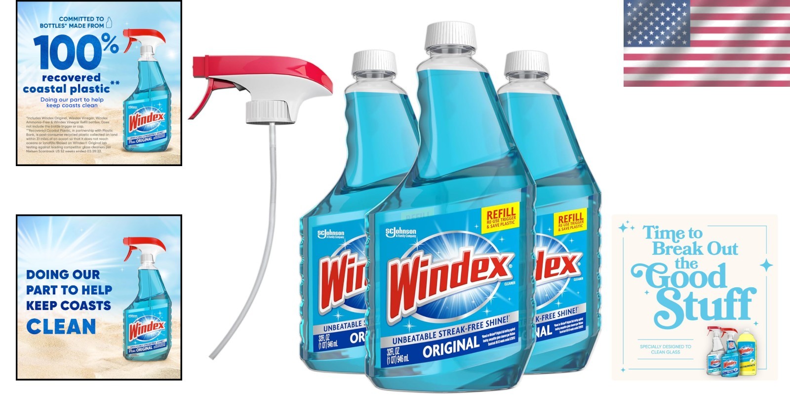 Streak-Free Windex Glass Cleaner Refill, 3×32 fl oz with Spray Trigger