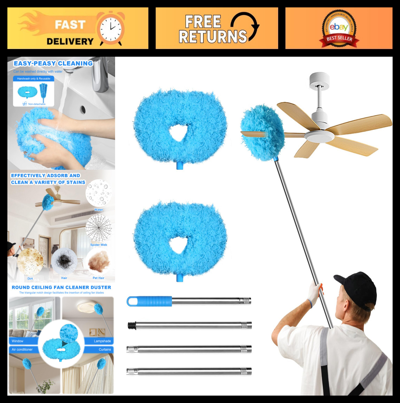 Adjustable Ceiling Fan Cleaner Duster with Extension Pole – 2 Pack, Blue, Dust R