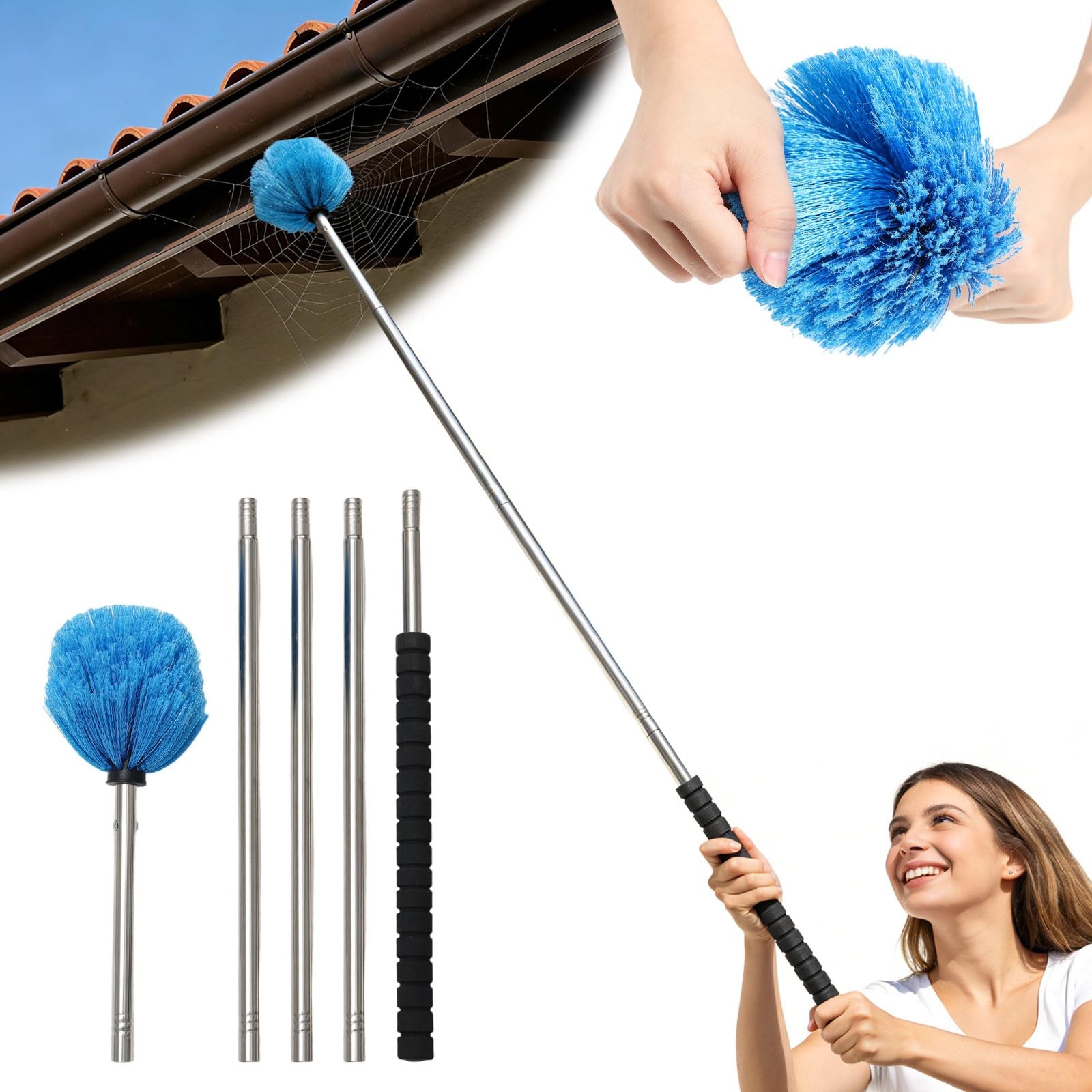 Cobweb Duster Brush with Extension Pole, Lightweight 5ft Long Spider Web Cobw…