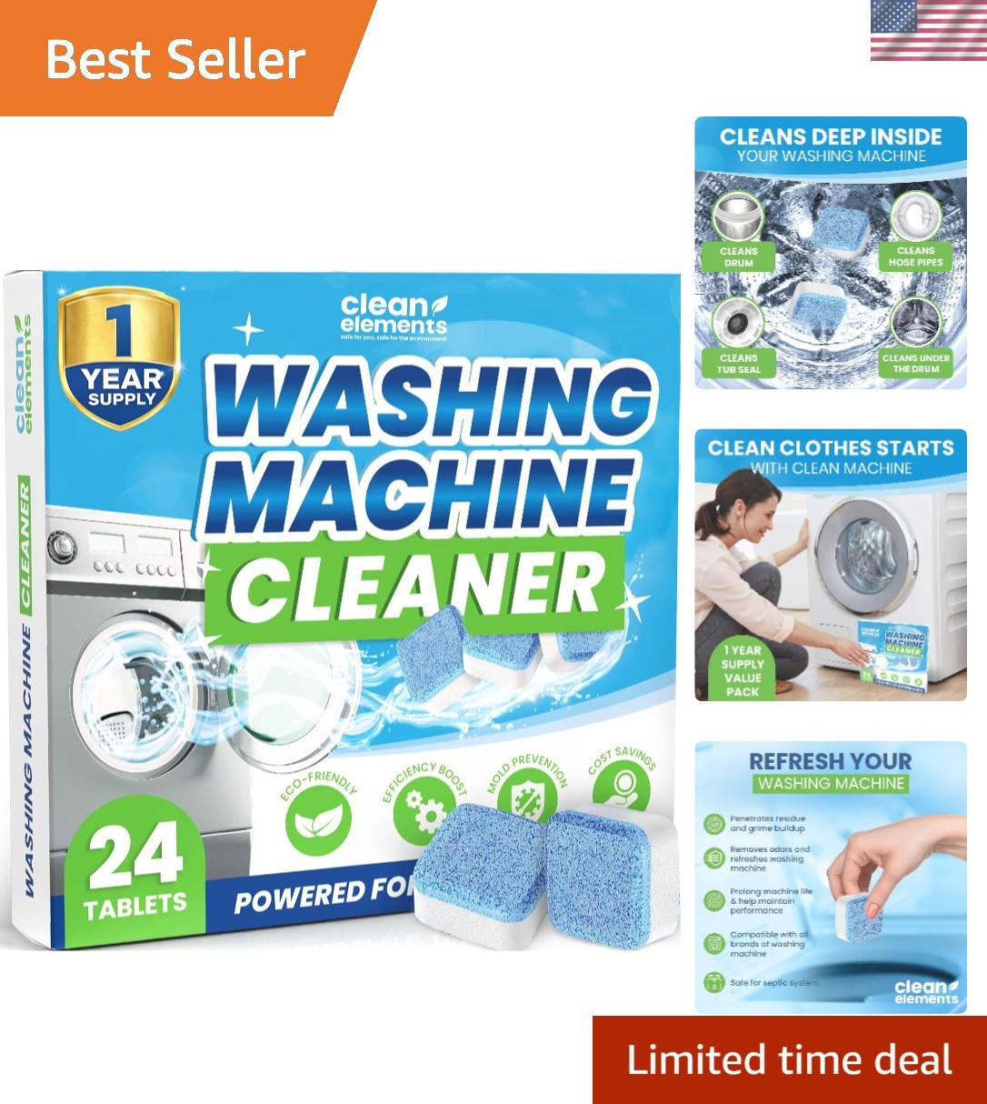 Washing Machine Cleaner Tablets – 24 Pack for a 12 Supply. Formulated for