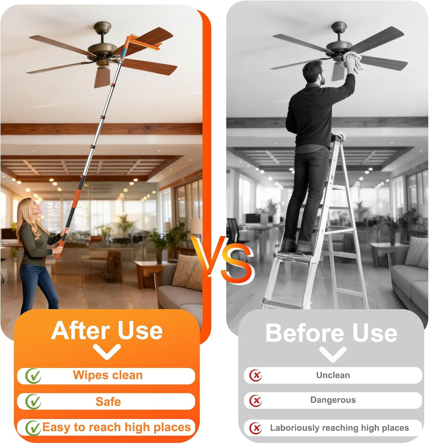 26FT Ceiling Fan Cleaner Duster Kit Extension Pole Microfiber Blade Dusting