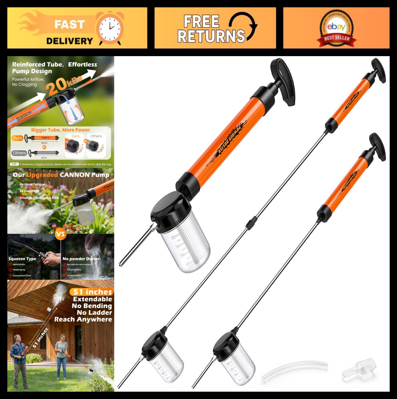 Diatomaceous Earth Powder Duster with 4FT Adjustable Rod & 250ml Tank – Clog-Fre