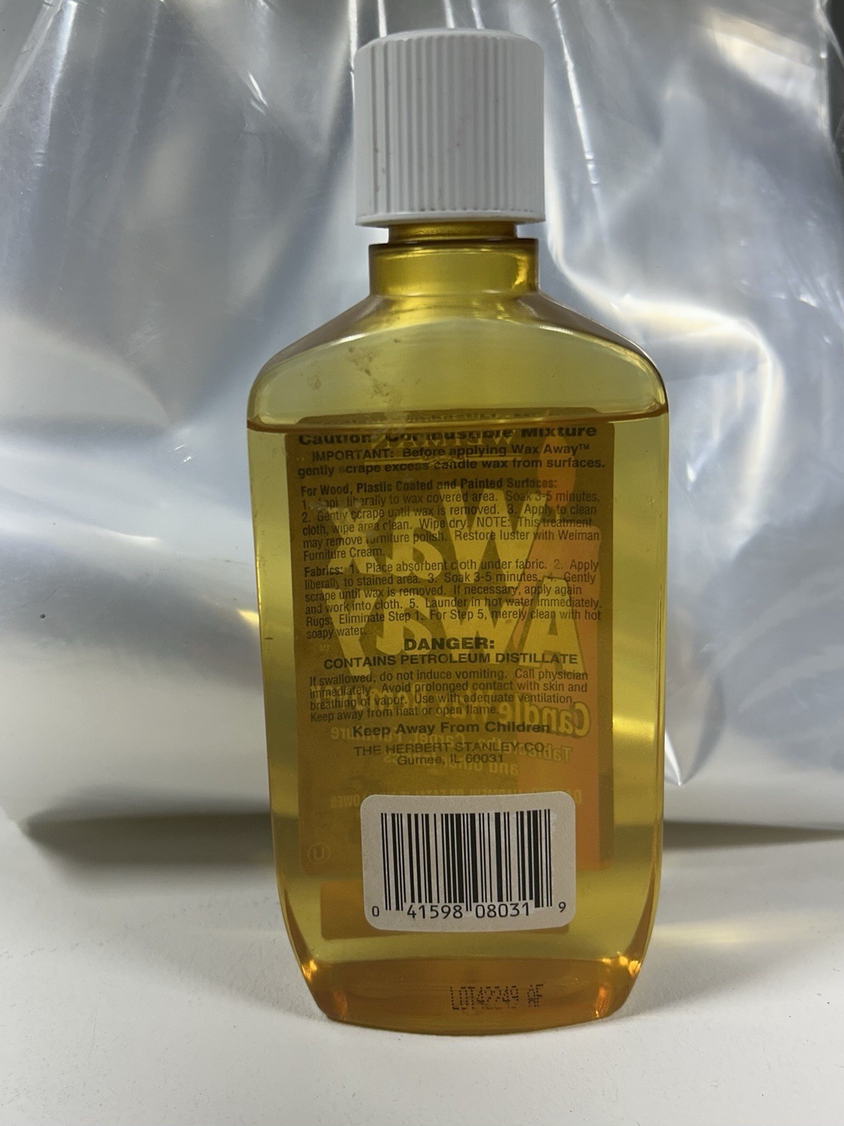 Weiman Wax Away Candle Wax Remover Fabrics 8 FL. OZ. White Cap Bottle 85% Full