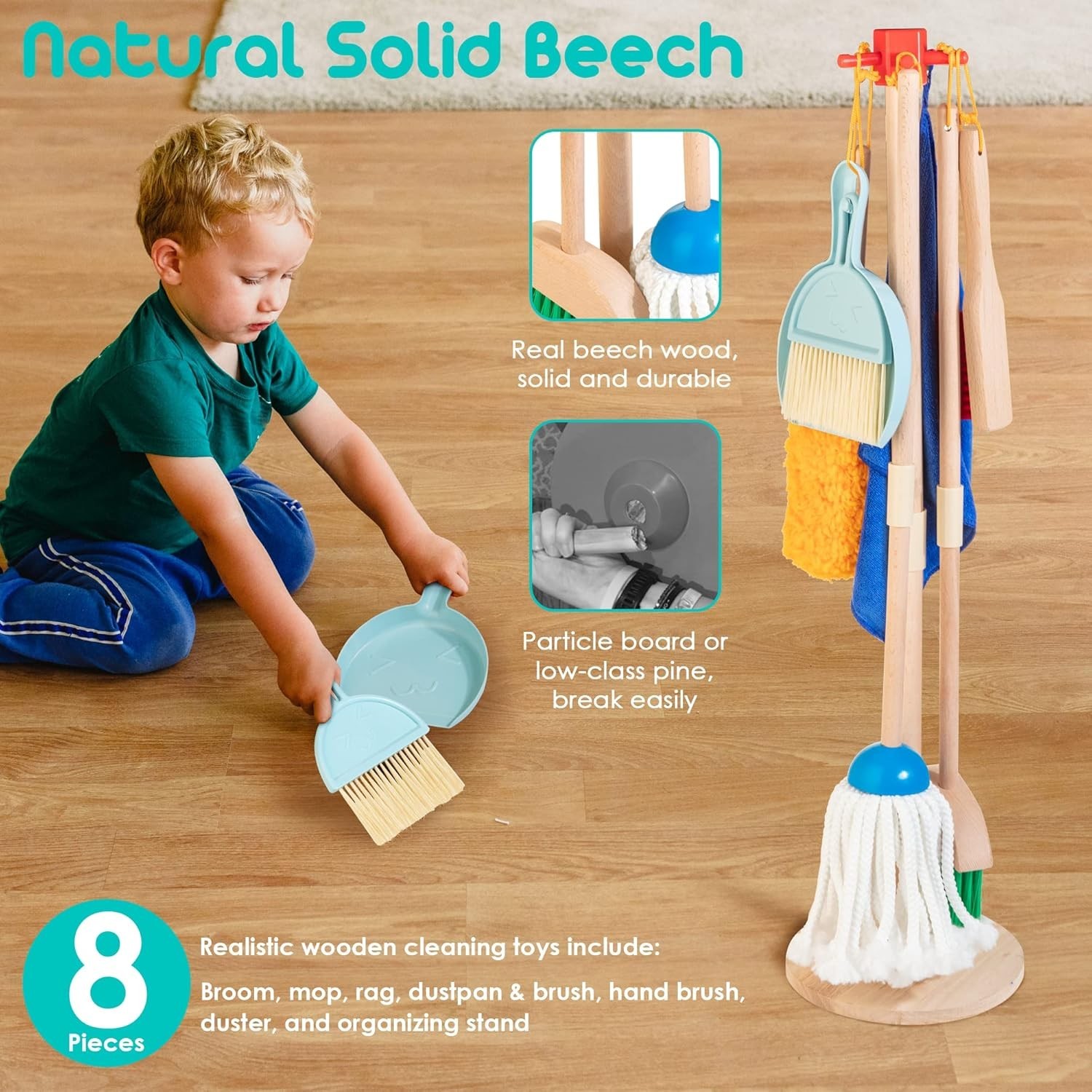 Kids Cleaning Set 8 Pcs Wooden Housekeeping Play Toy Includes Broom Mop Dustpan