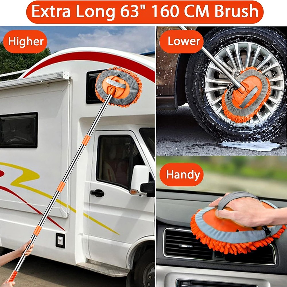 63″ MICROFIBER CAR RV TRUCK WASH BRUSH MOP KIT MITT SPONGE TELESCOPING HANDLE