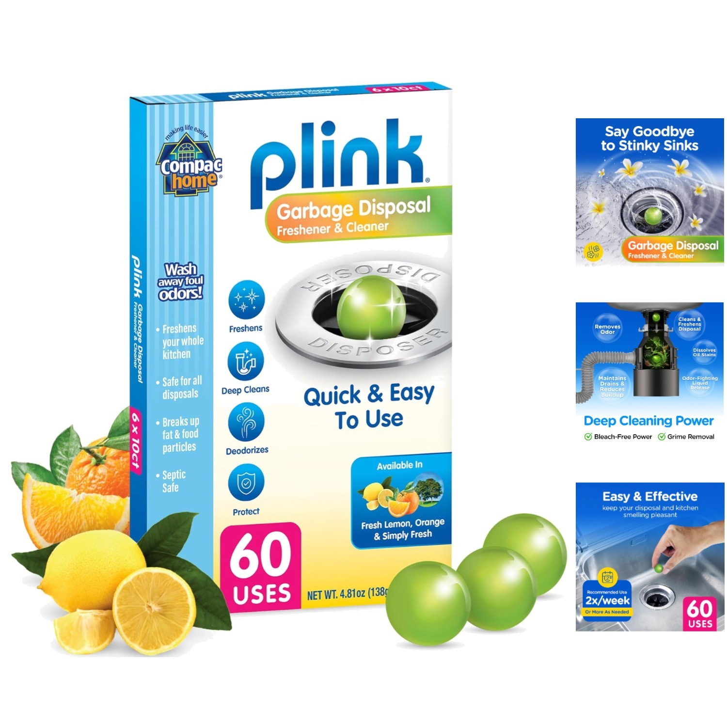 60-Count Plink Cleaning Beads – Non-Toxic Drain Deodorizer with Assorted Scents