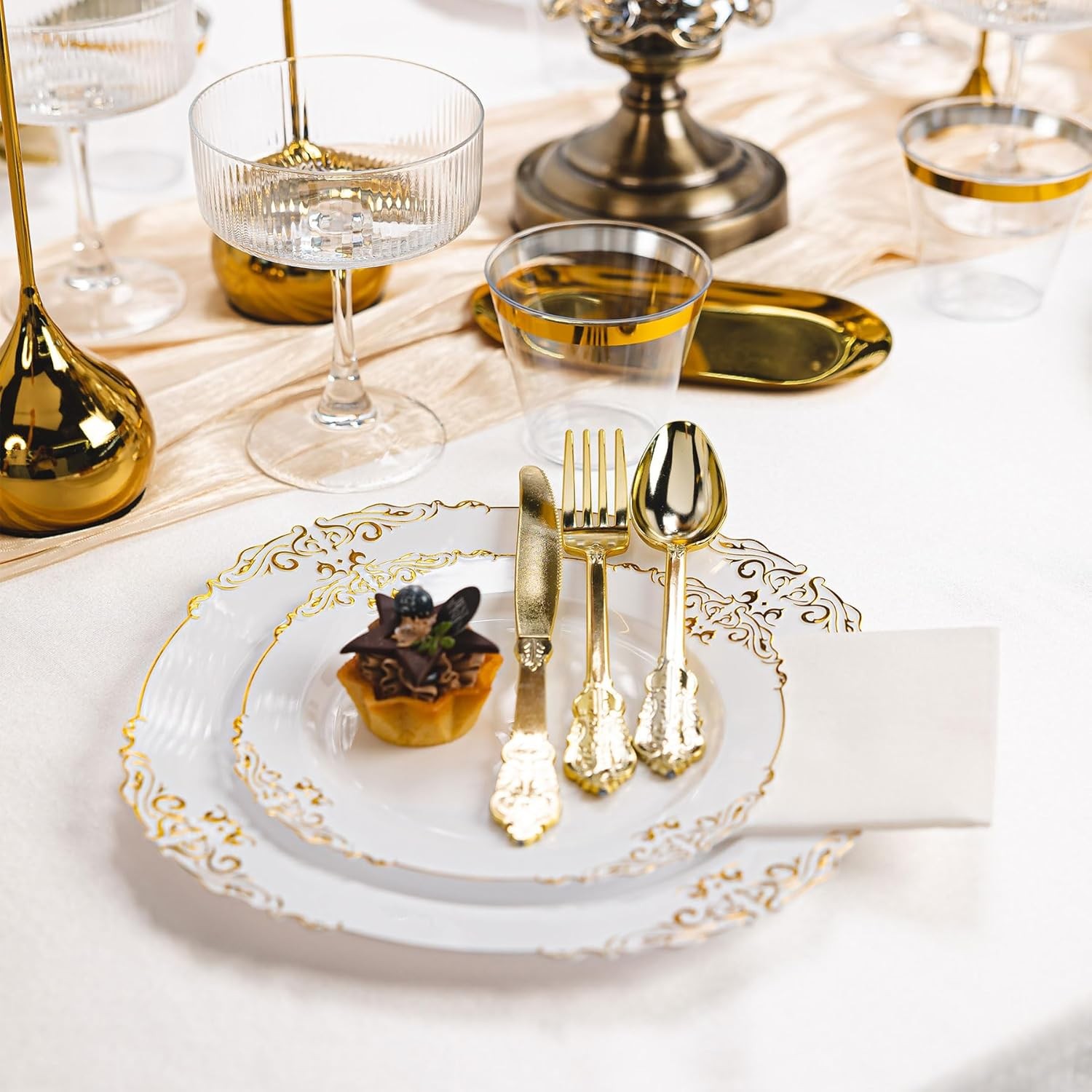 350PCS Gold and White Plastic Plates, Gold Plastic Dinnerware Sets for 50 Gues