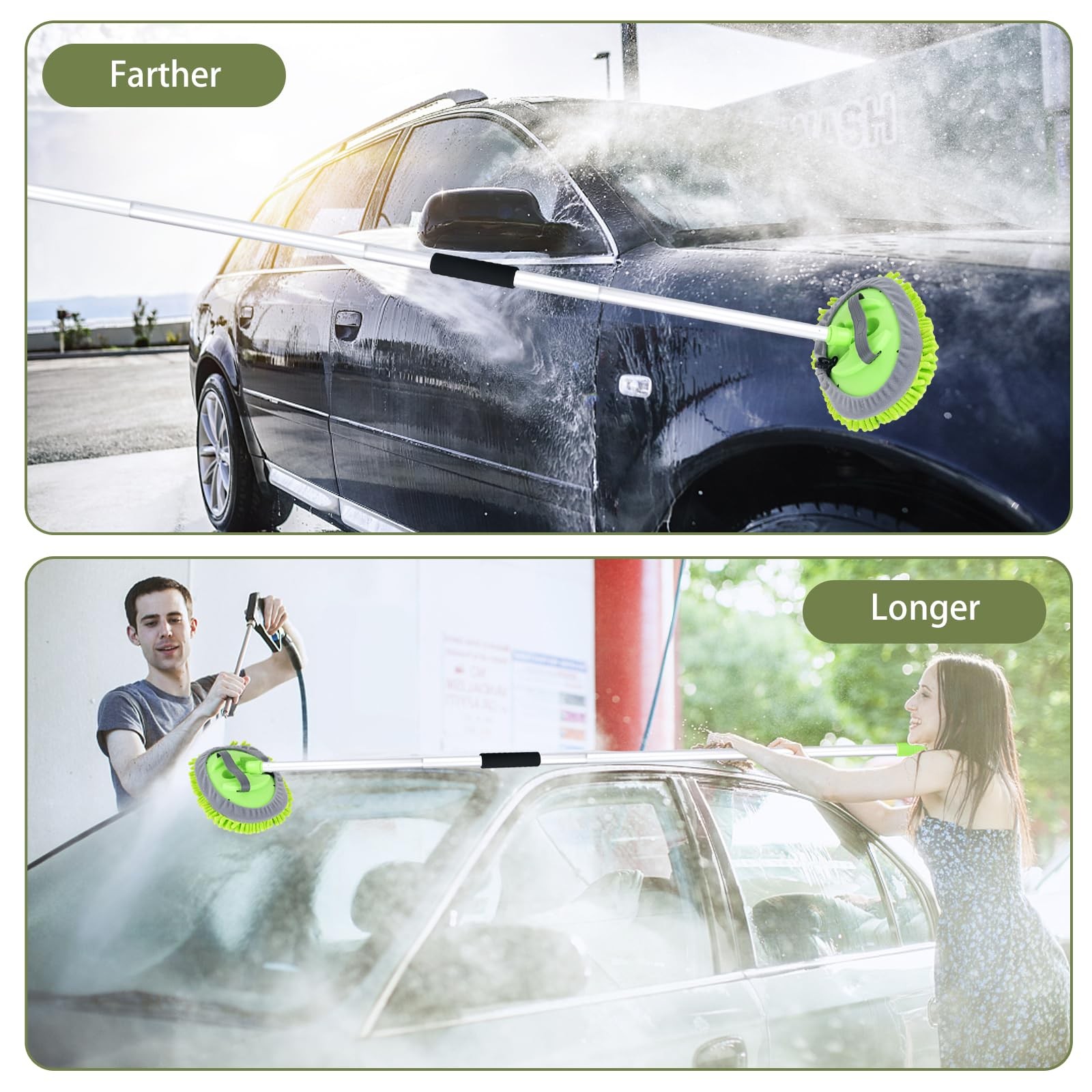 62″ Long Handle Car Wash Brush Kit with Microfiber Head for RV & Truck Cleaning