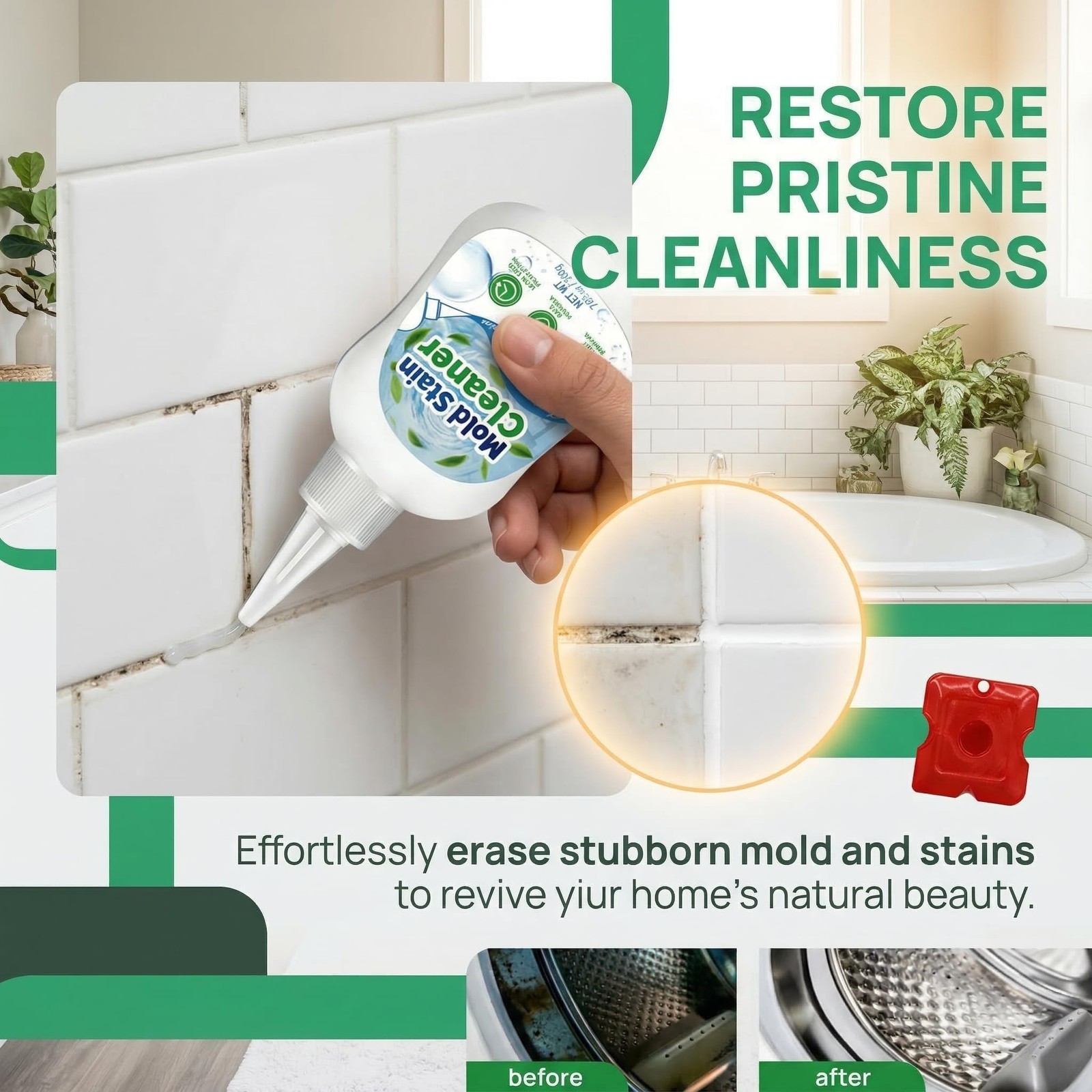 Mold Stain Cleaner Gel Bathroom Grout Washing Machine Gasket Shower Caulk 6.7oz