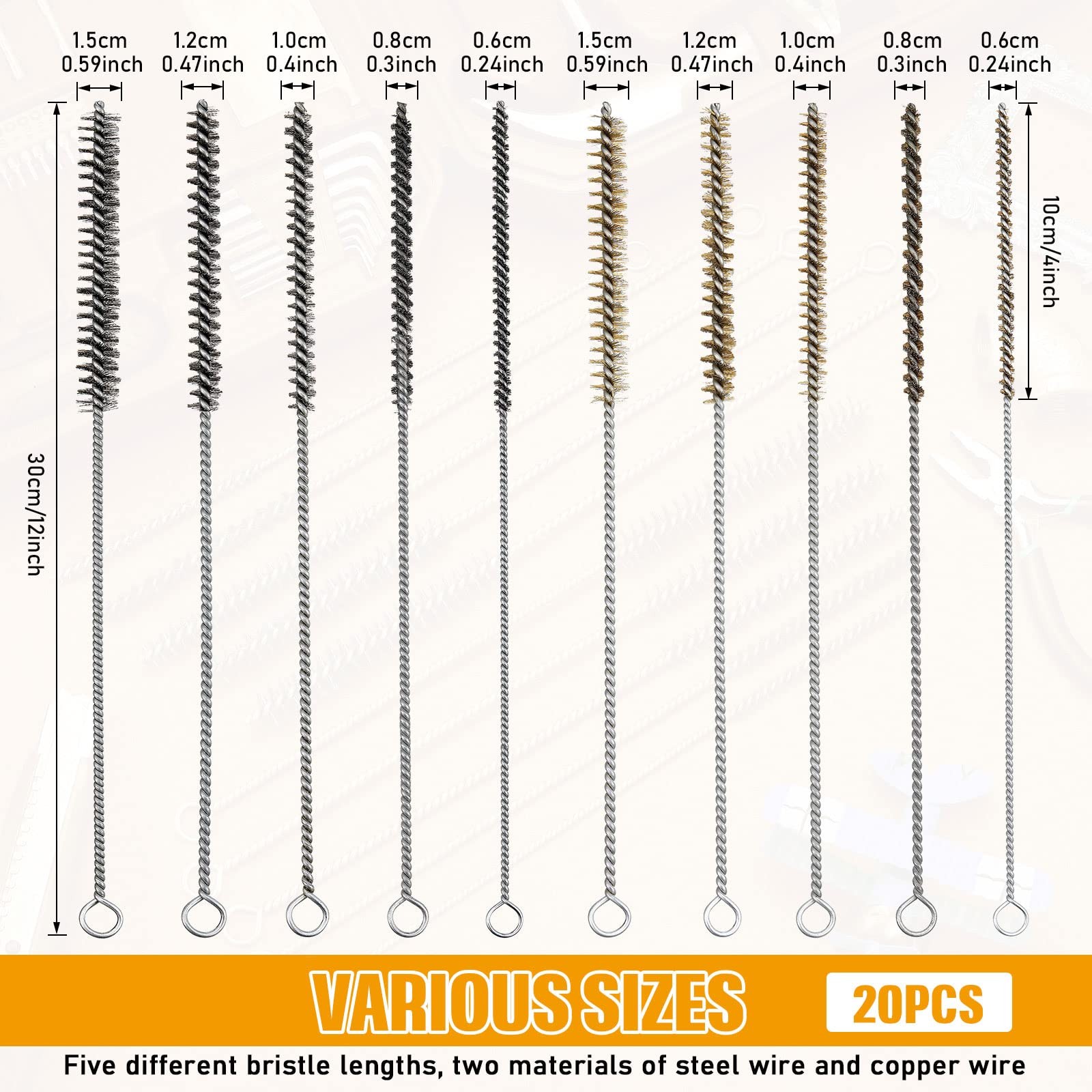 20 Pcs Wire Tube Brushes Cleaning Pipe Brass Stainless Steel Round Brush 5