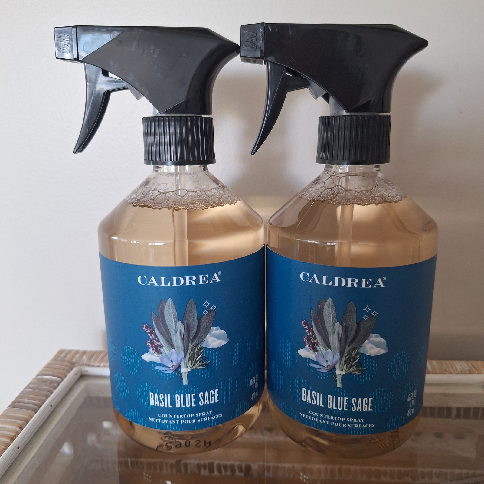 2 X Caldrea Countertop Spray Cleaner BASIL BLUE SAGE 16 FL OZ New RARE Scent #14
